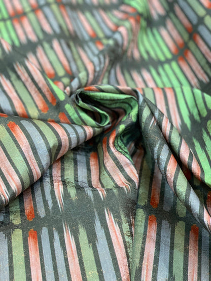 Lime, Taupe, and Red Striped Metallic Brocade - Prime Fabrics