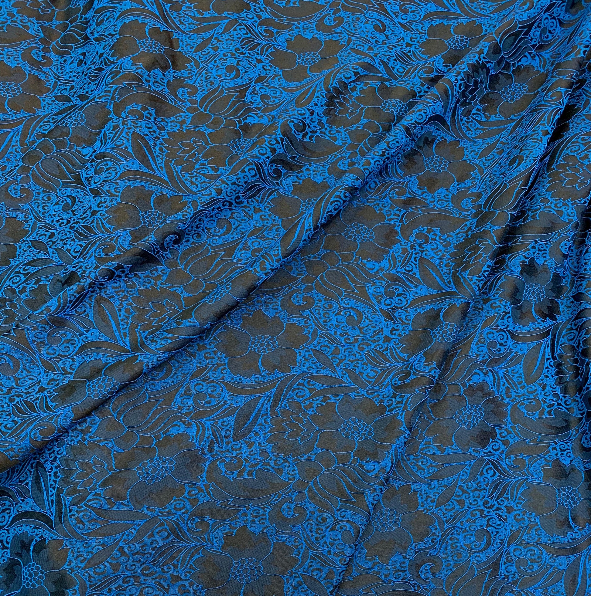 Black and Royal Blue Floral Brocade - Prime Fabrics