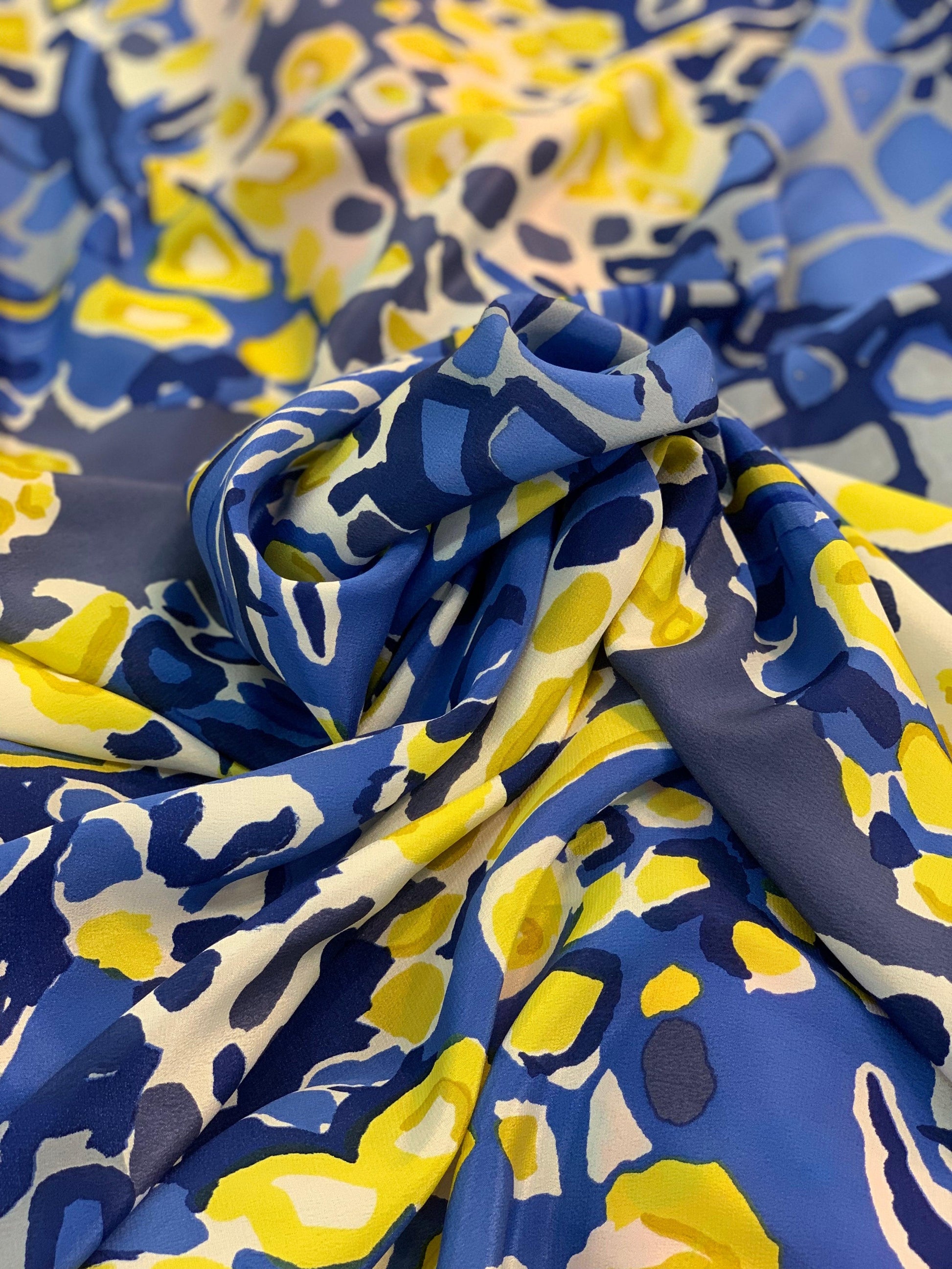 Blue Yellow and White Crepe de Chine (CDC) Silk - Prime Fabrics