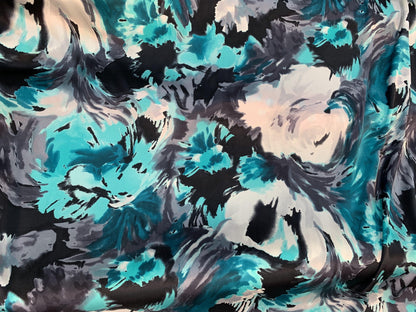 Blue Black and White Floral Stretch Silk Charmeuse - Prime Fabrics