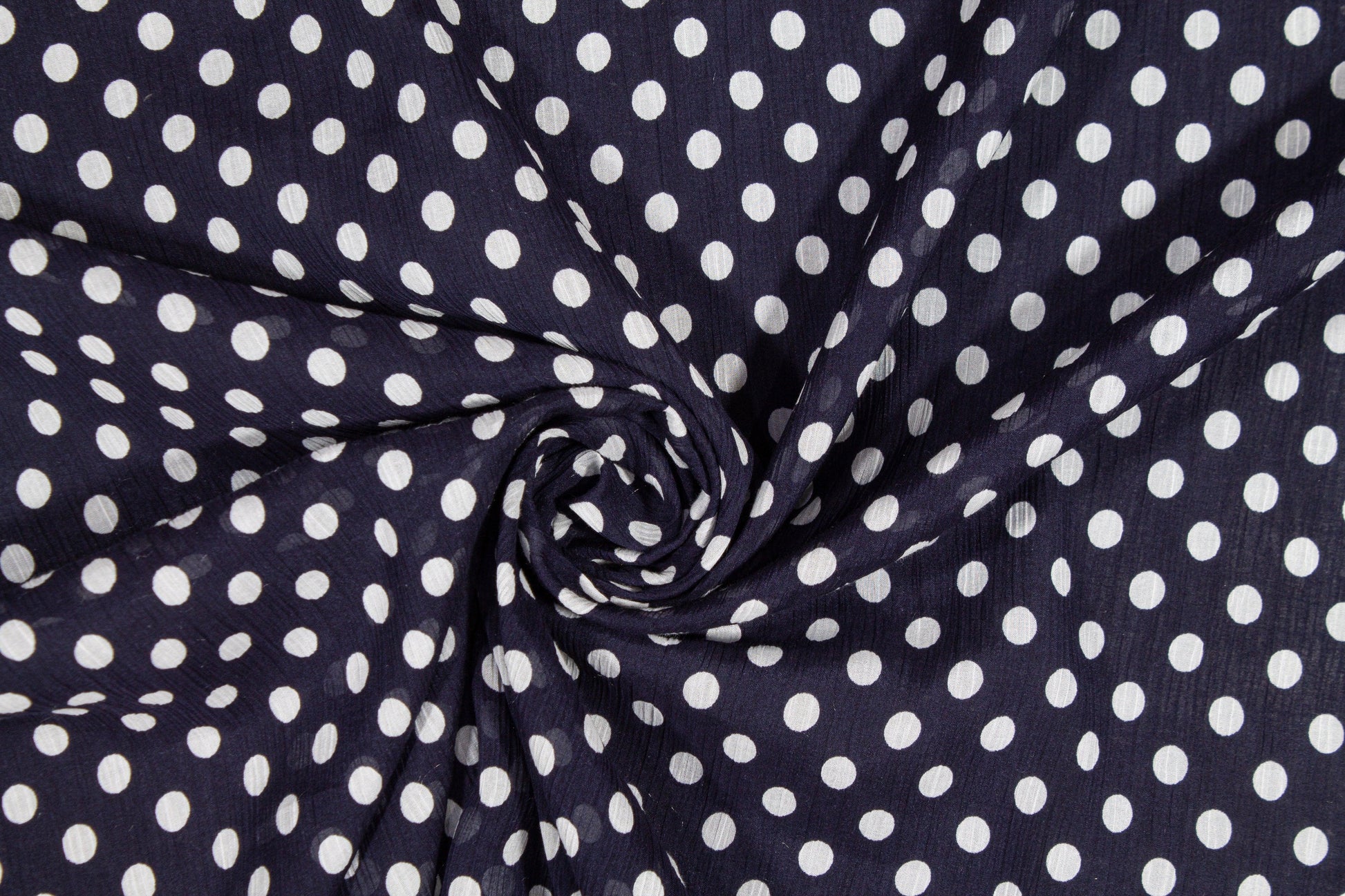 Polka Dot Crinkled Viscose Silk Chiffon - Navy and White - Prime Fabrics