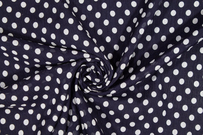 Polka Dot Crinkled Viscose Silk Chiffon - Navy and White - Prime Fabrics