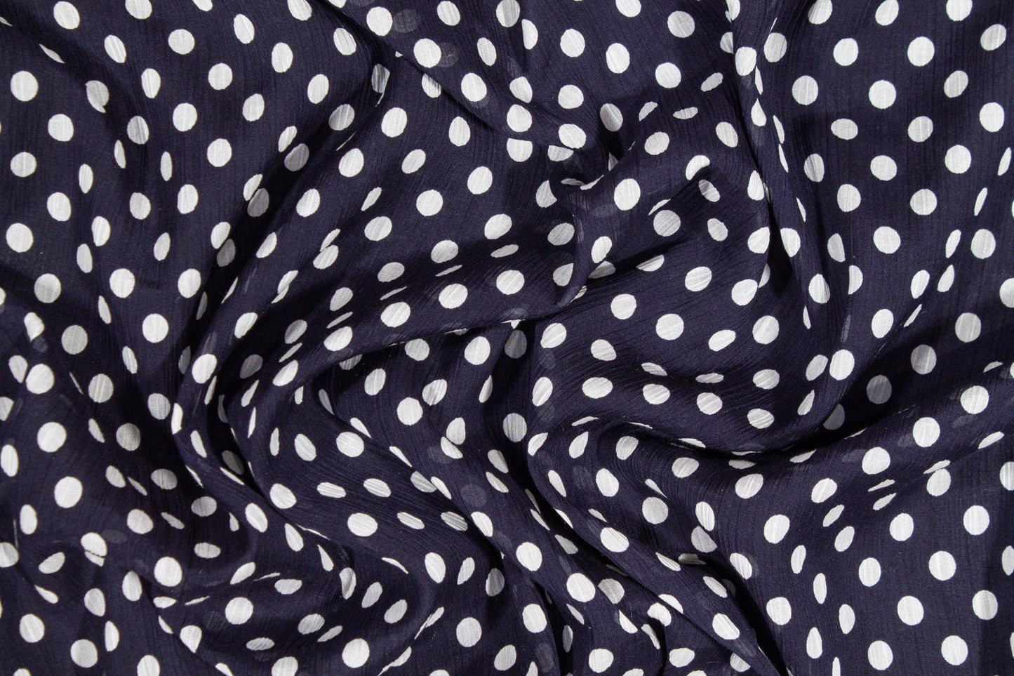 Polka Dot Crinkled Viscose Silk Chiffon - Navy and White - Prime Fabrics