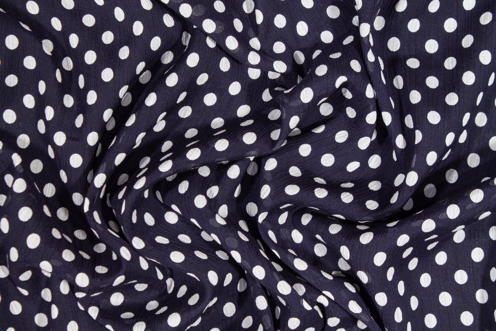 Polka Dot Crinkled Viscose Silk Chiffon - Navy and White - Prime Fabrics