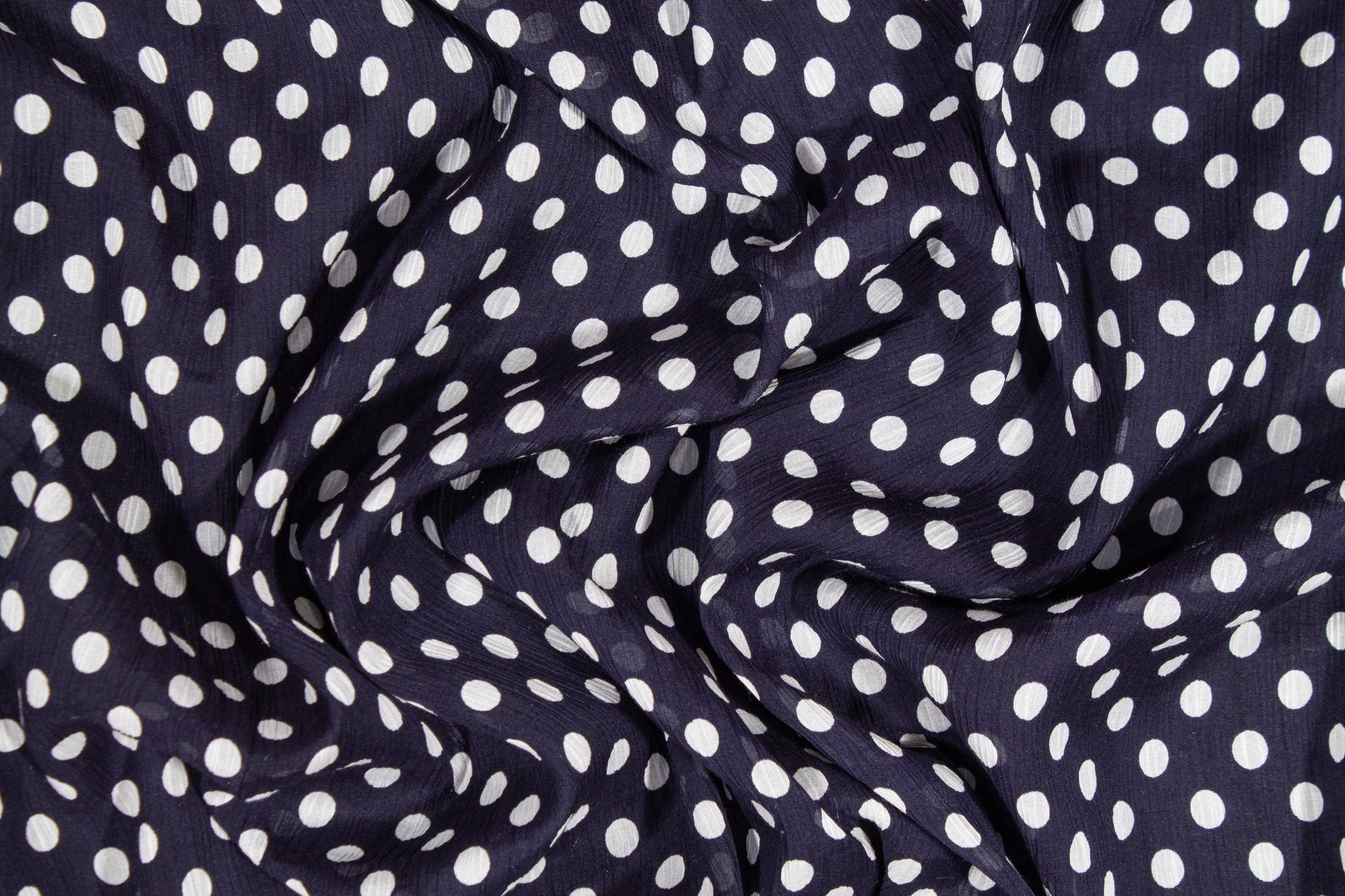 Polka Dot Crinkled Viscose Silk Chiffon - Navy and White - Prime Fabrics