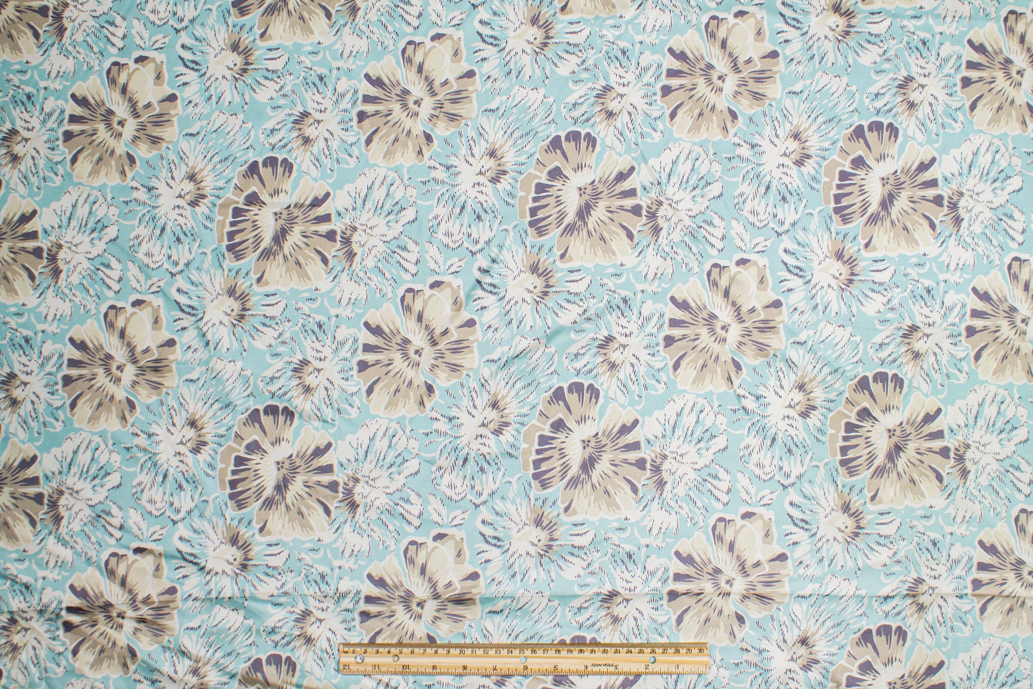 Floral Silk Twill - Turquoise Khaki - Prime Fabrics