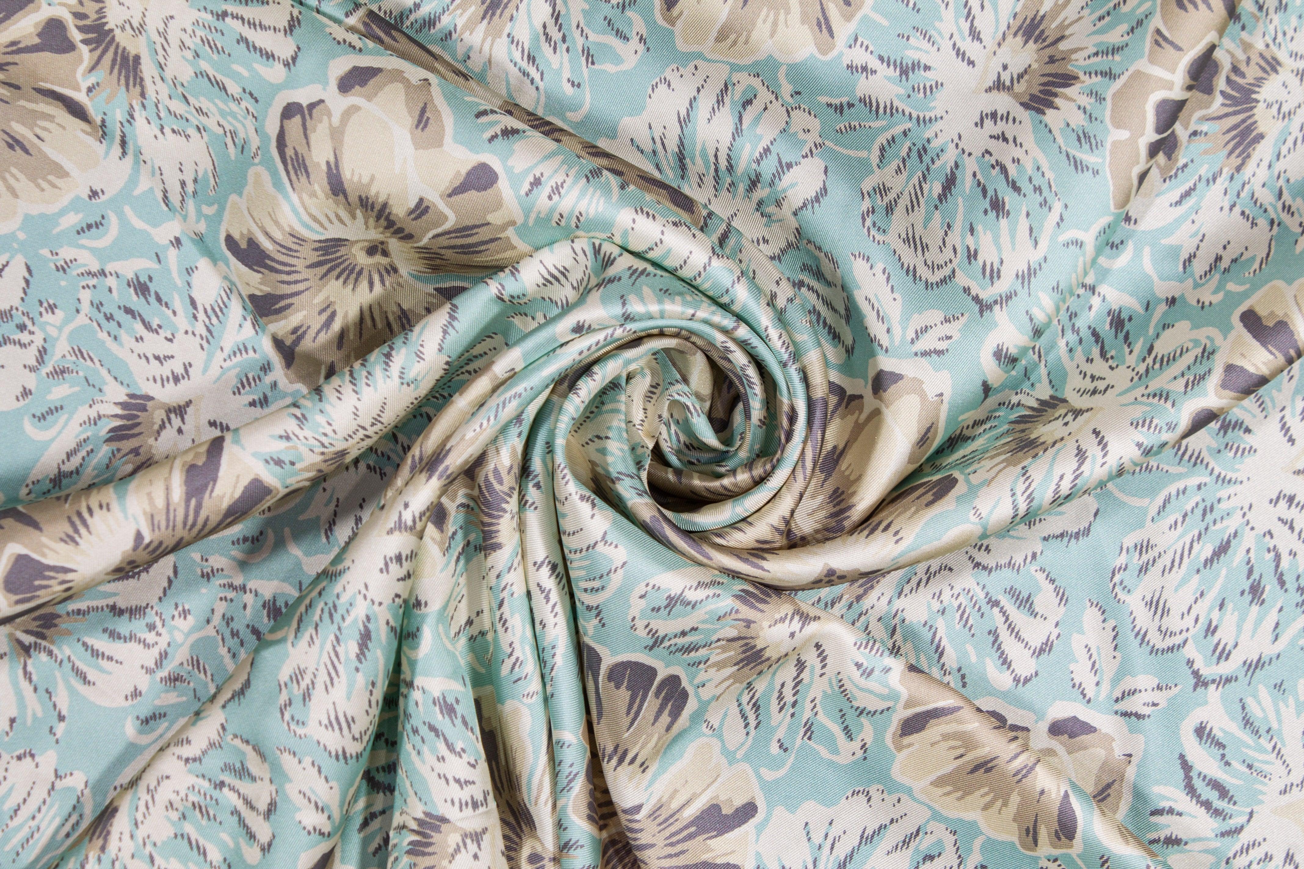 Floral Silk Twill - Turquoise Khaki - Prime Fabrics