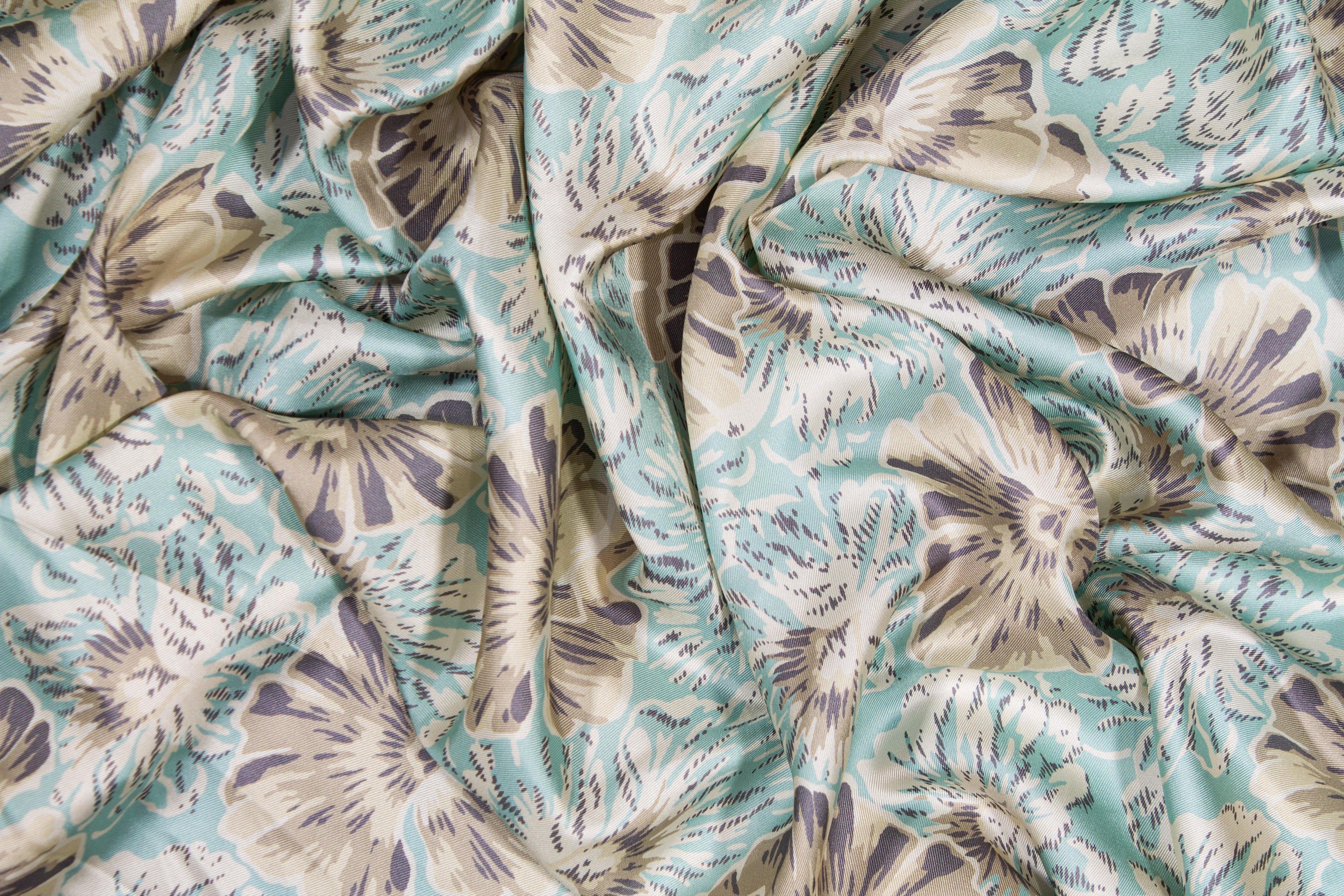 Floral Silk Twill - Turquoise Khaki - Prime Fabrics