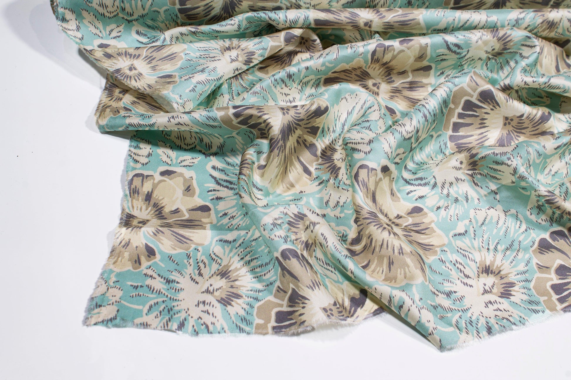 Floral Silk Twill - Turquoise Khaki - Prime Fabrics