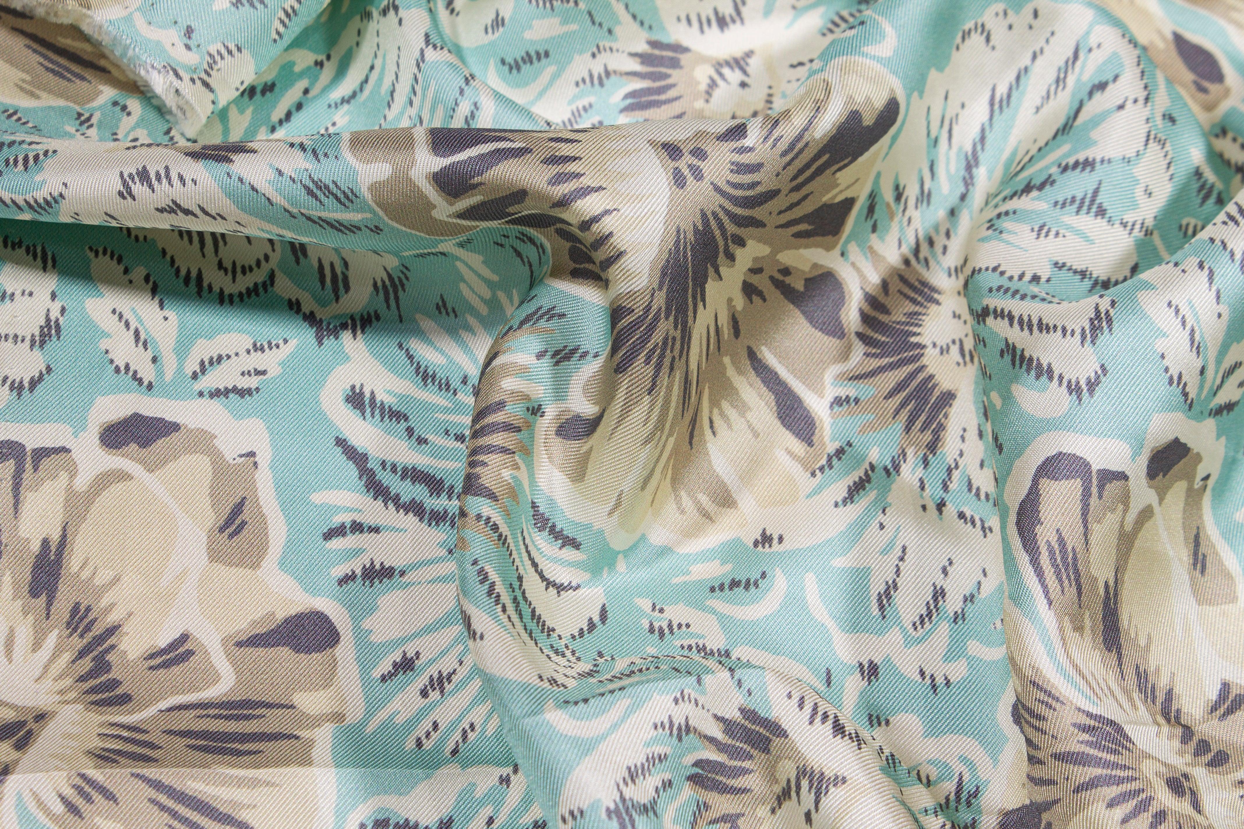Floral Silk Twill - Turquoise Khaki - Prime Fabrics
