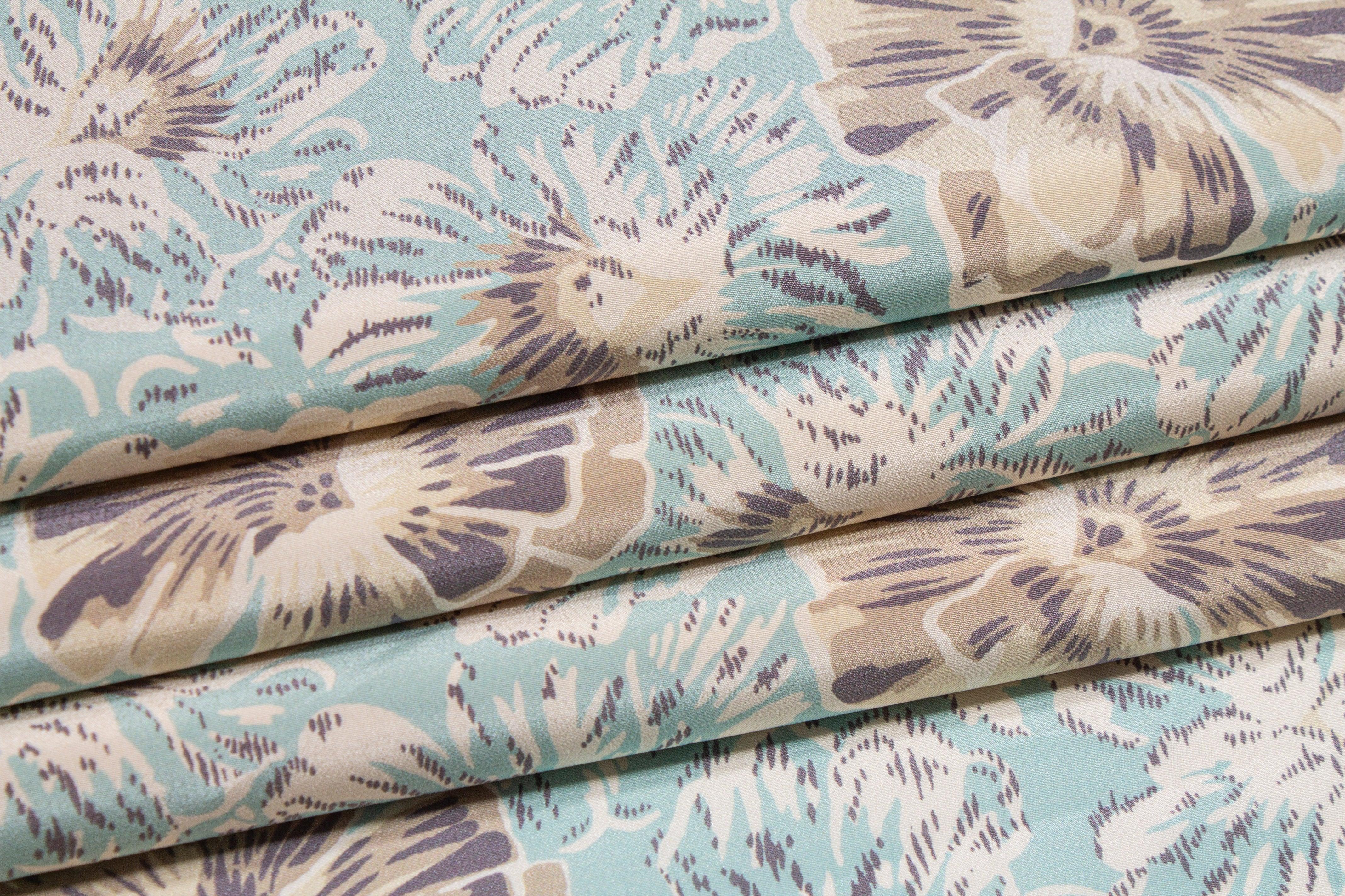 Floral Silk Crepe De Chine - Turquoise and Khaki - Prime Fabrics