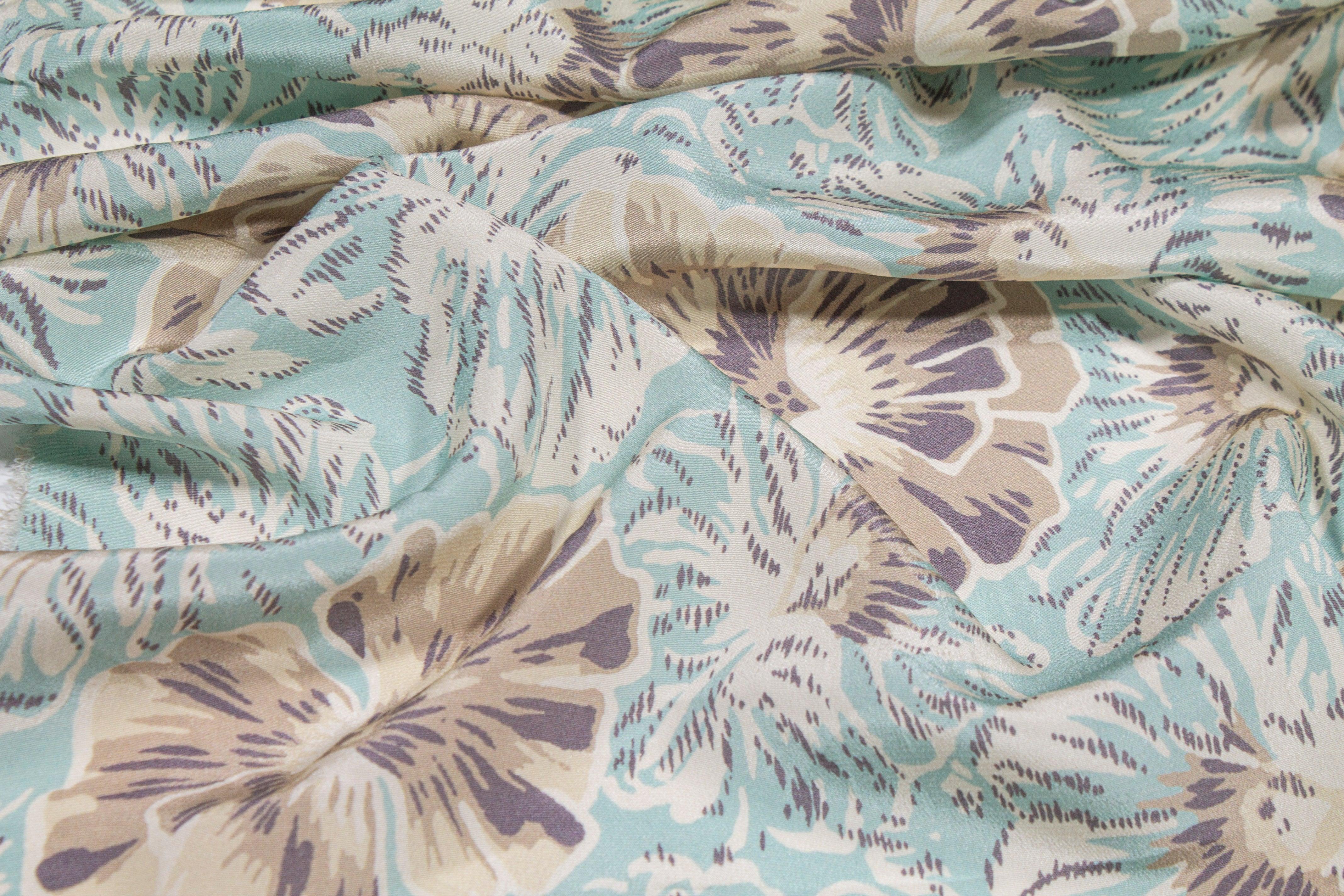 Floral Silk Crepe De Chine - Turquoise and Khaki - Prime Fabrics