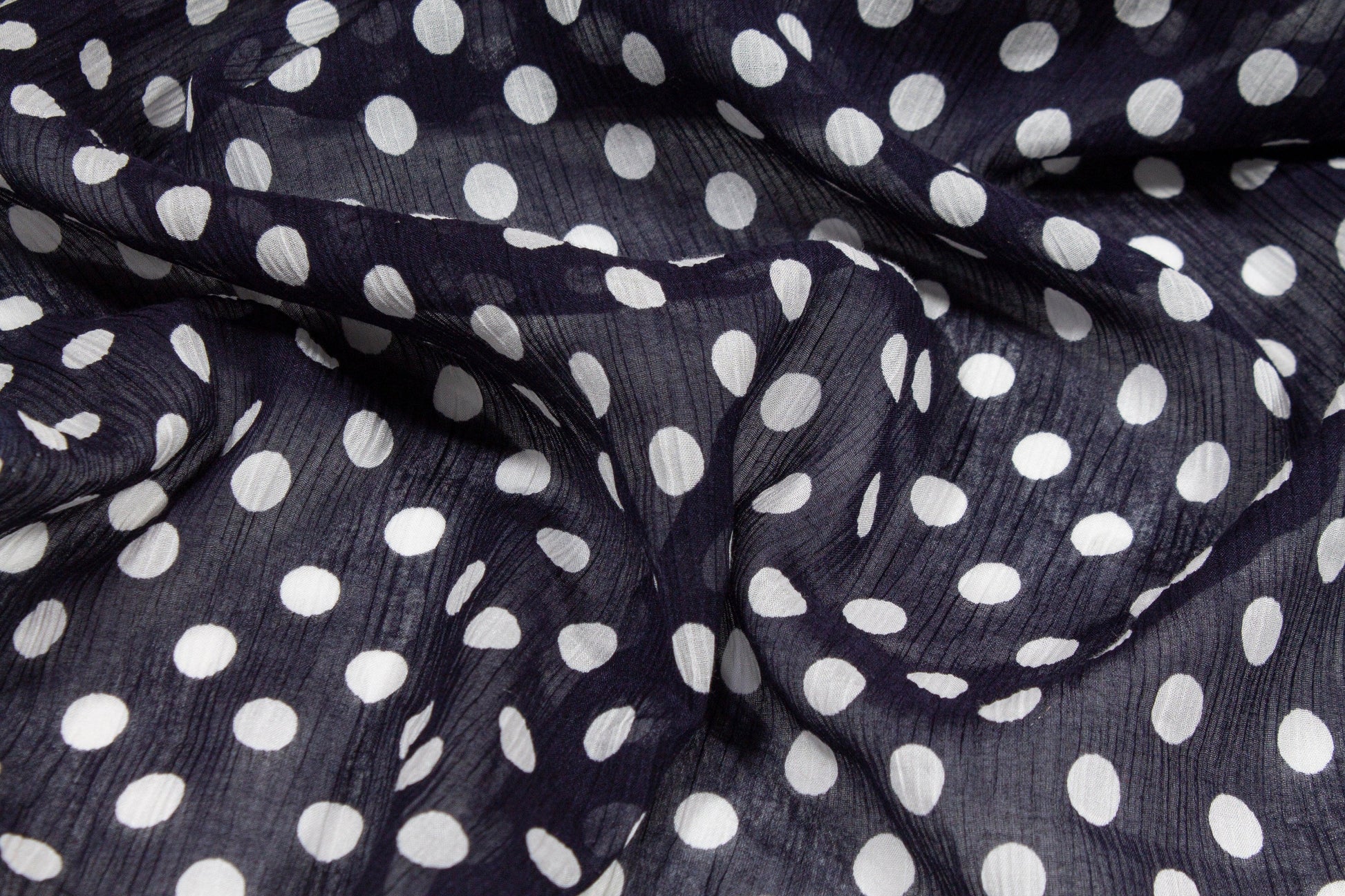 Polka Dot Crinkled Viscose Silk Chiffon - Navy and White - Prime Fabrics