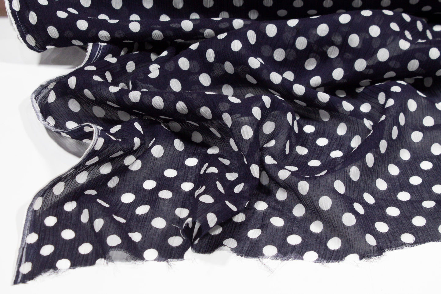 Polka Dot Crinkled Viscose Silk Chiffon - Navy and White - Prime Fabrics