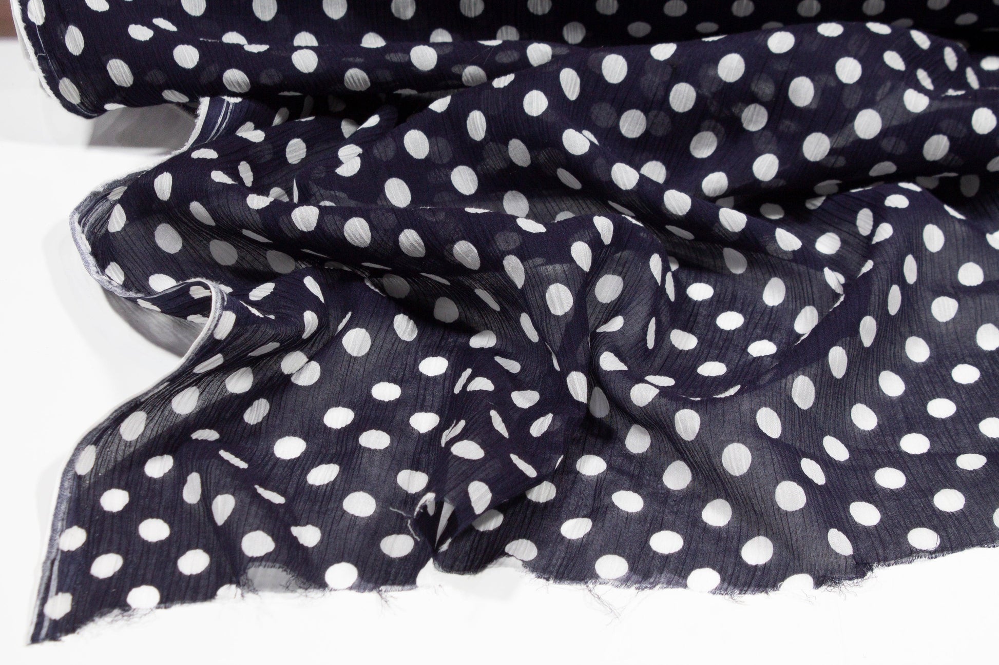 Polka Dot Crinkled Viscose Silk Chiffon - Navy and White - Prime Fabrics