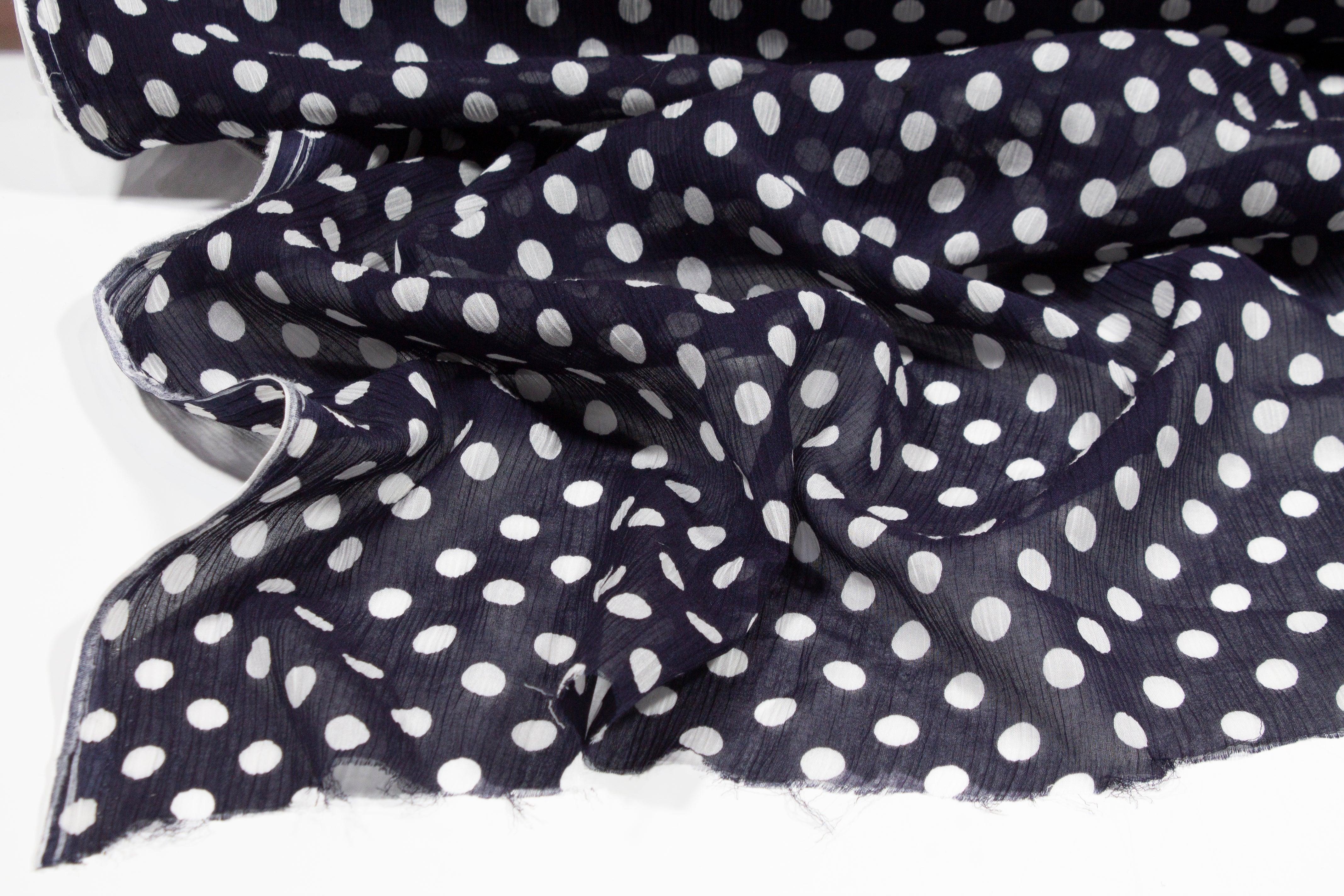 Polka Dot Crinkled Viscose Silk Chiffon - Navy and White - Prime Fabrics