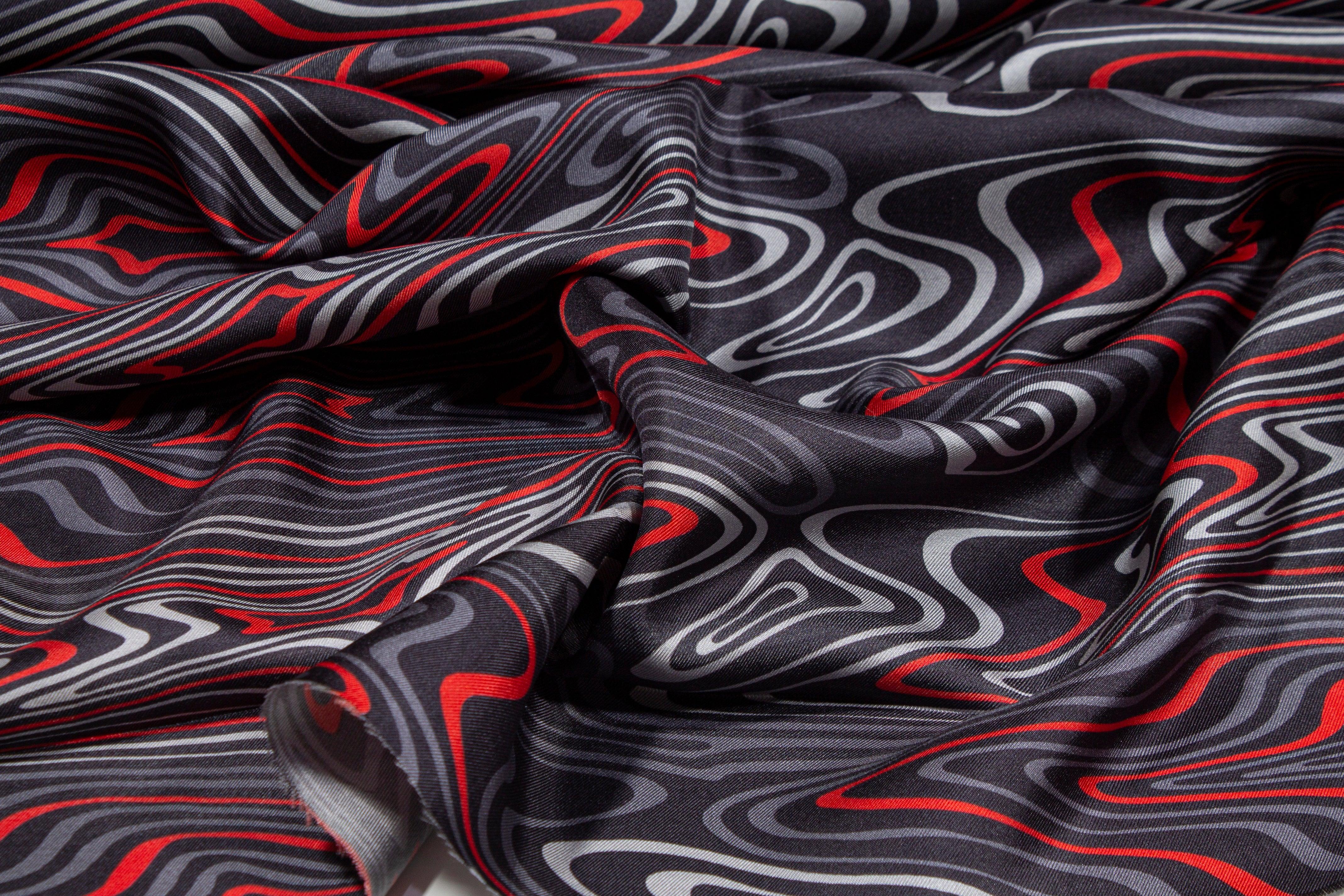 Gray and Red Wavy Italian Silk Twill - Prime Fabrics