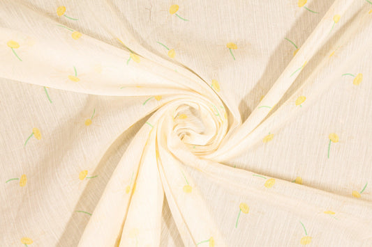 Crinkled Floral Silk Chiffon - Ivory, Yellow, Green - Prime Fabrics