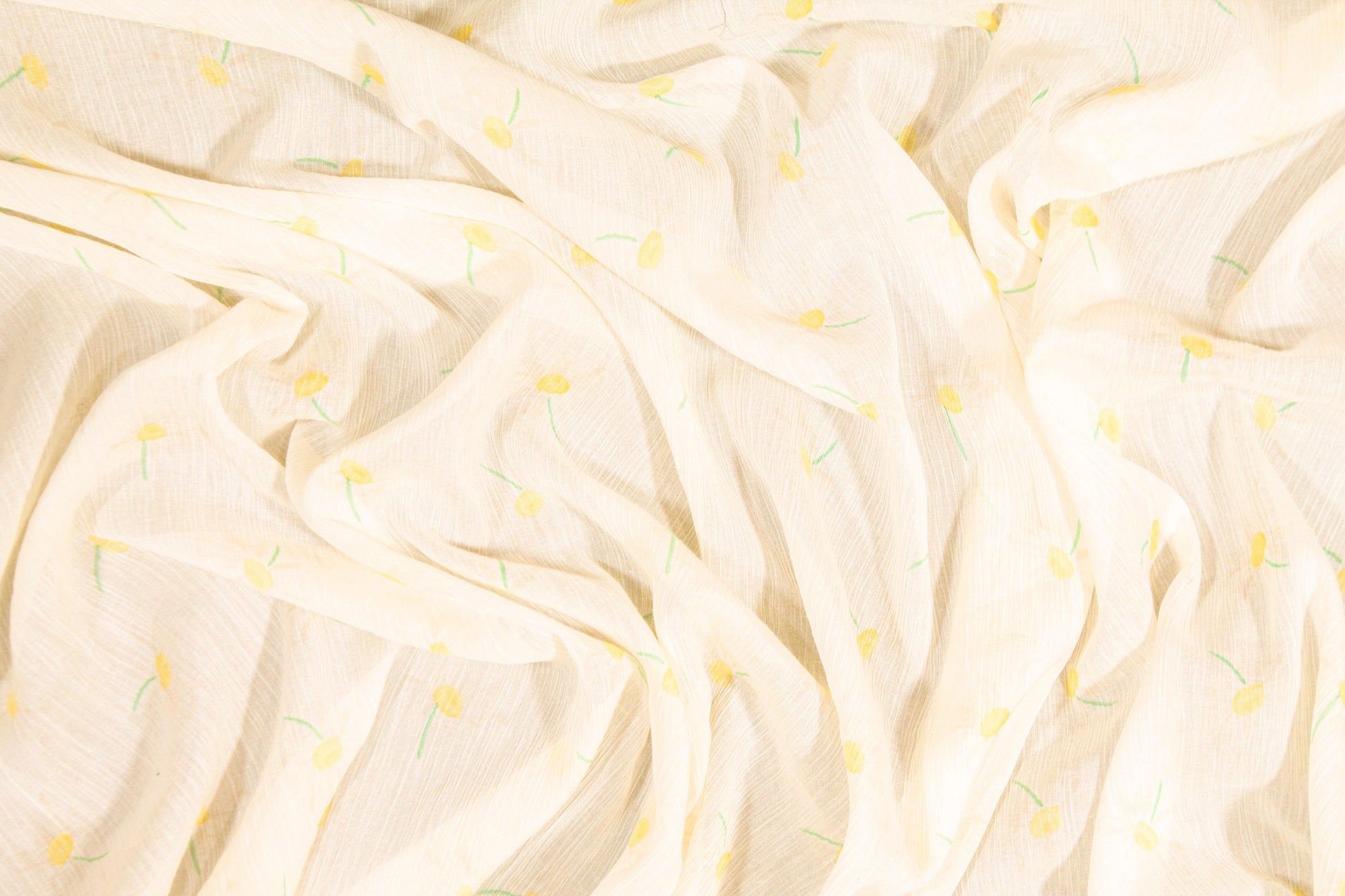Crinkled Floral Silk Chiffon - Ivory, Yellow, Green - Prime Fabrics