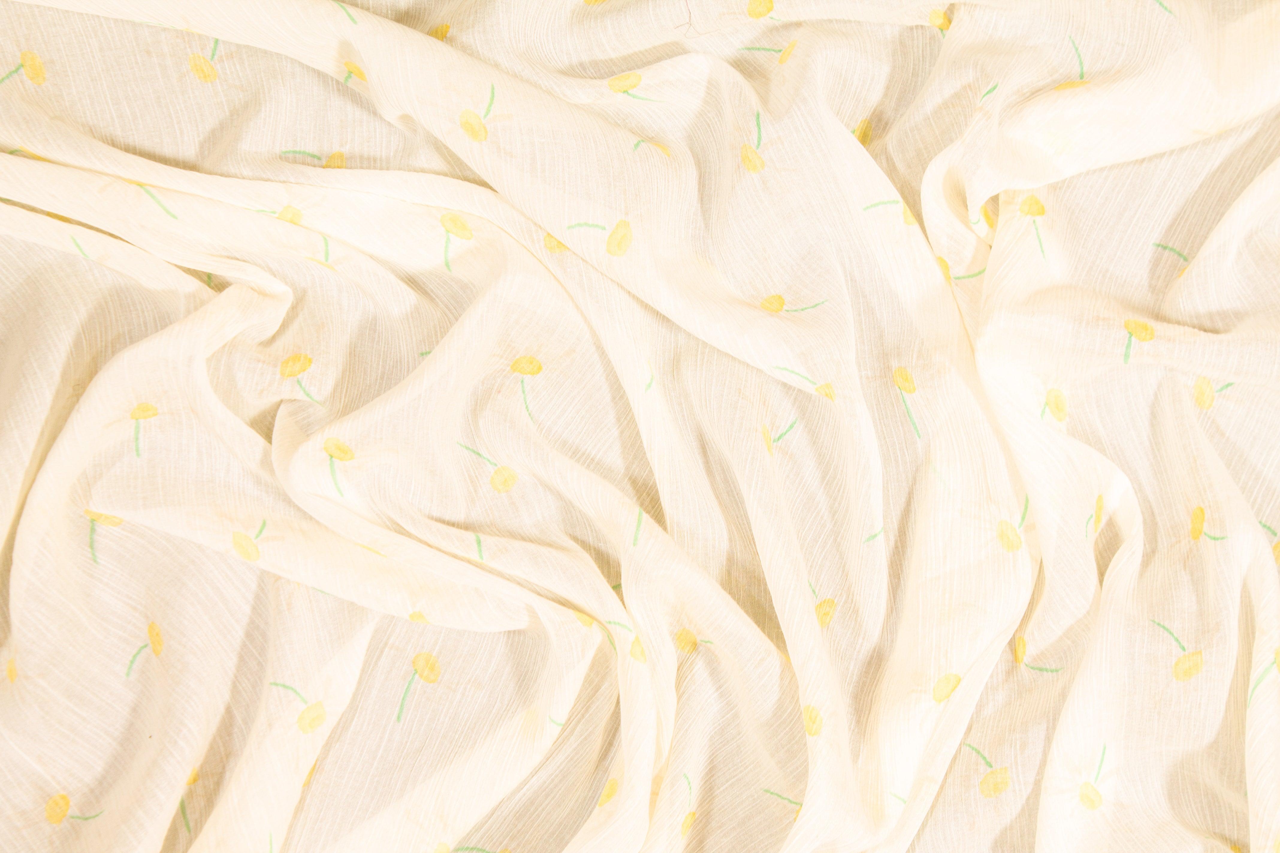 Crinkled Floral Silk Chiffon - Ivory, Yellow, Green - Prime Fabrics