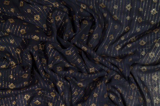 Striped Metallic Silk Chiffon - Navy and Gold - Prime Fabrics