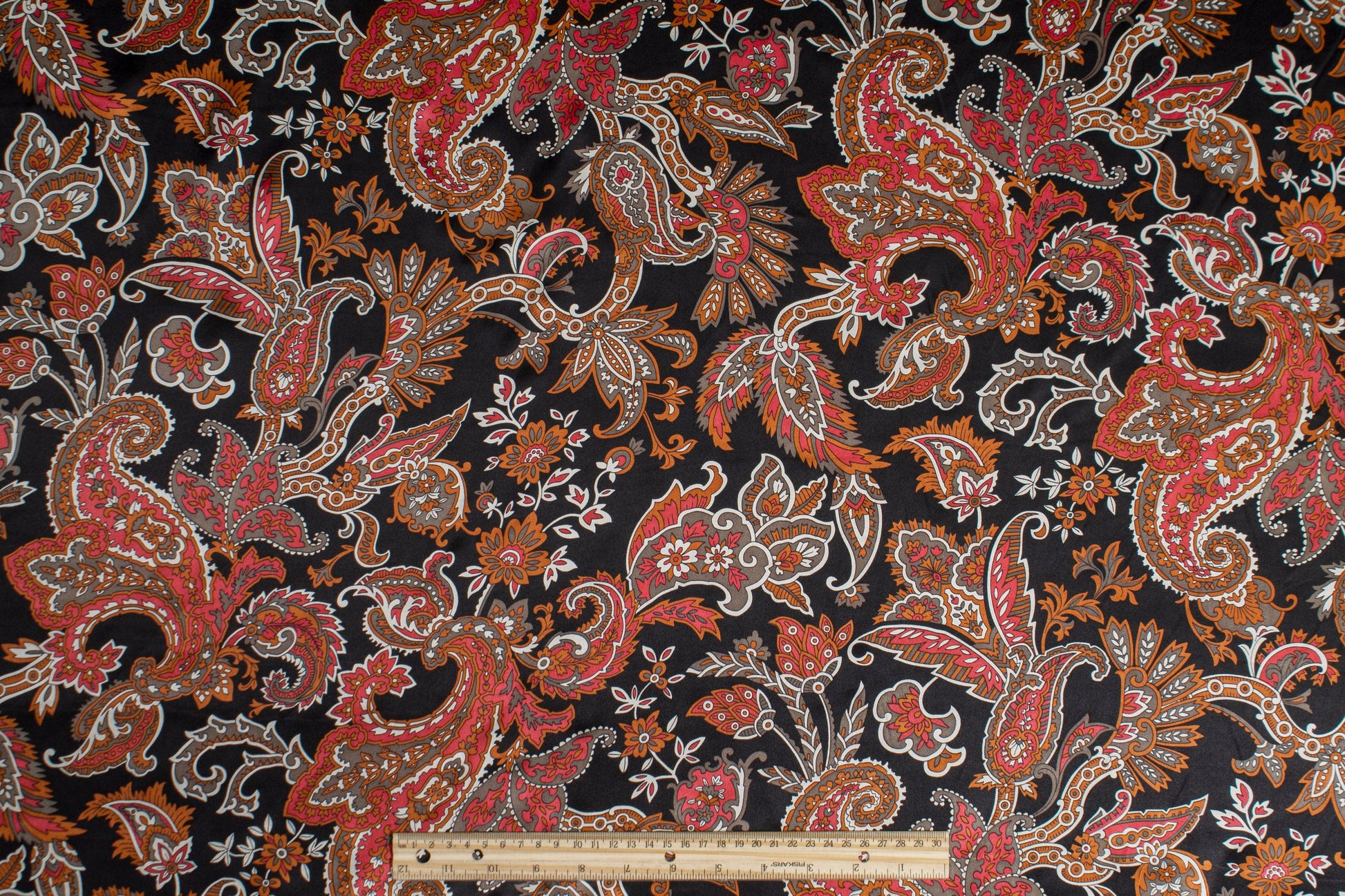 Paisley Floral Silk Charmeuse - Copper, Red, Black, White - Prime Fabrics