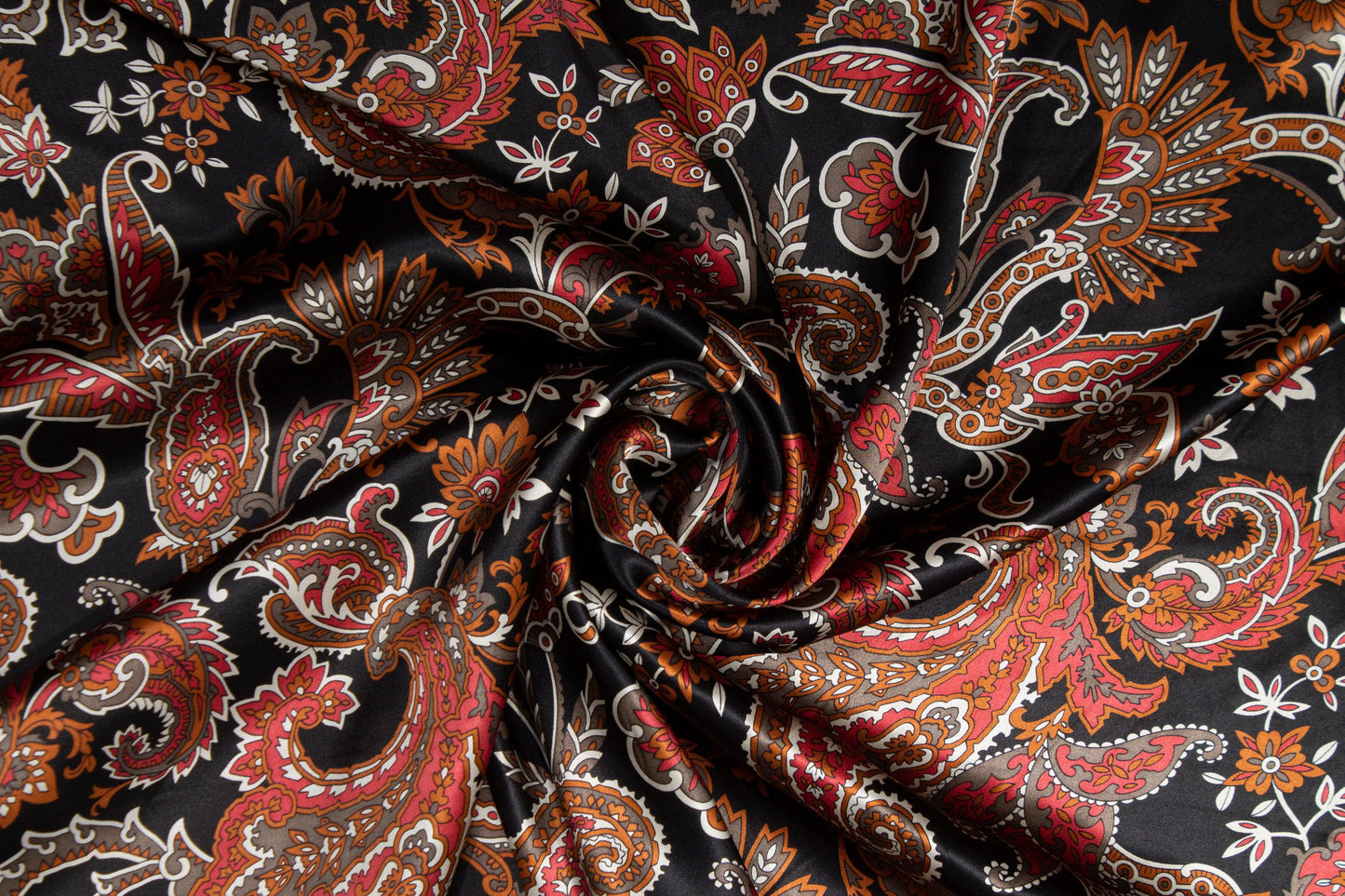 Paisley Floral Silk Charmeuse - Copper, Red, Black, White - Prime Fabrics