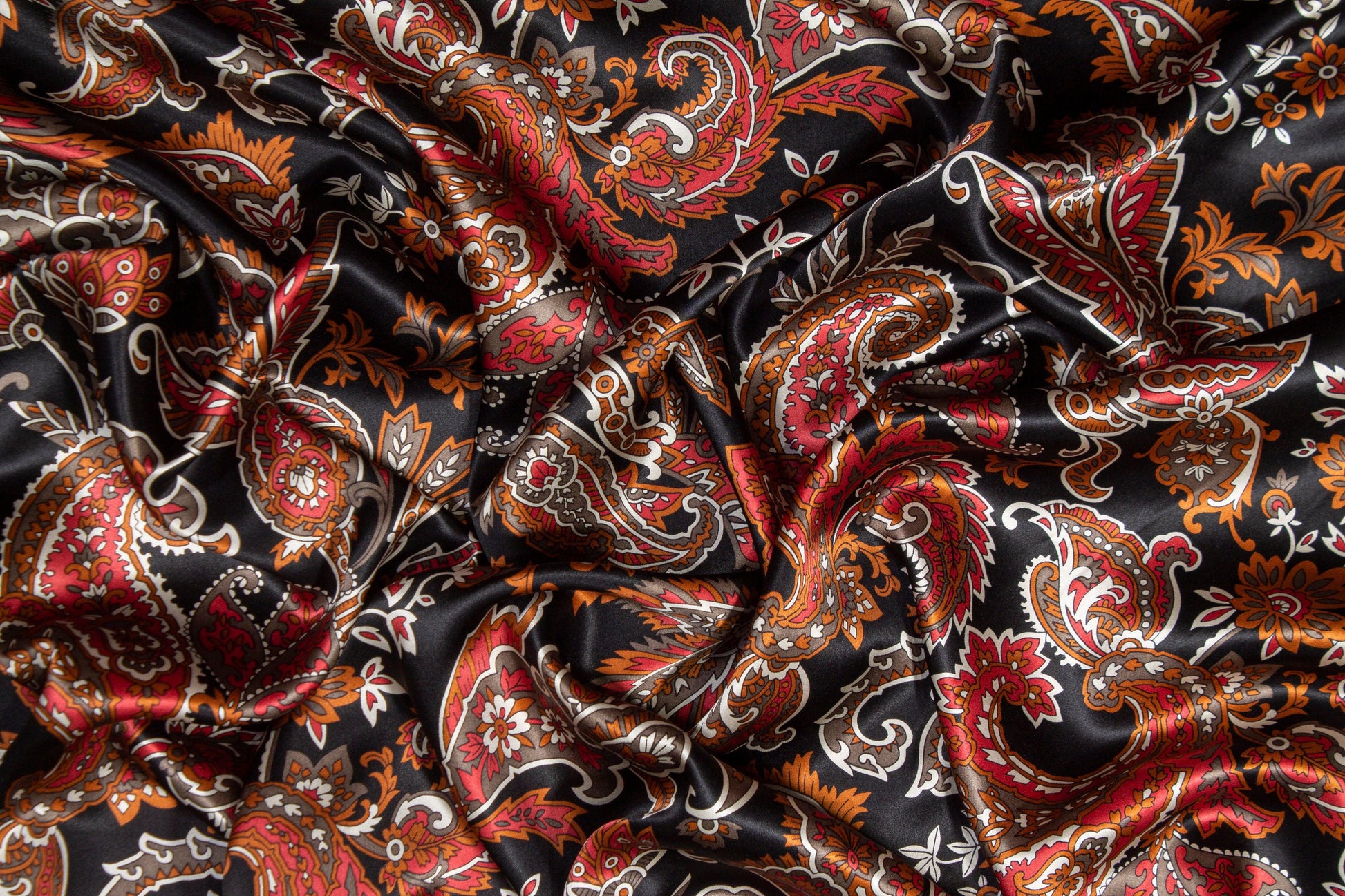 Paisley Floral Silk Charmeuse - Copper, Red, Black, White - Prime Fabrics