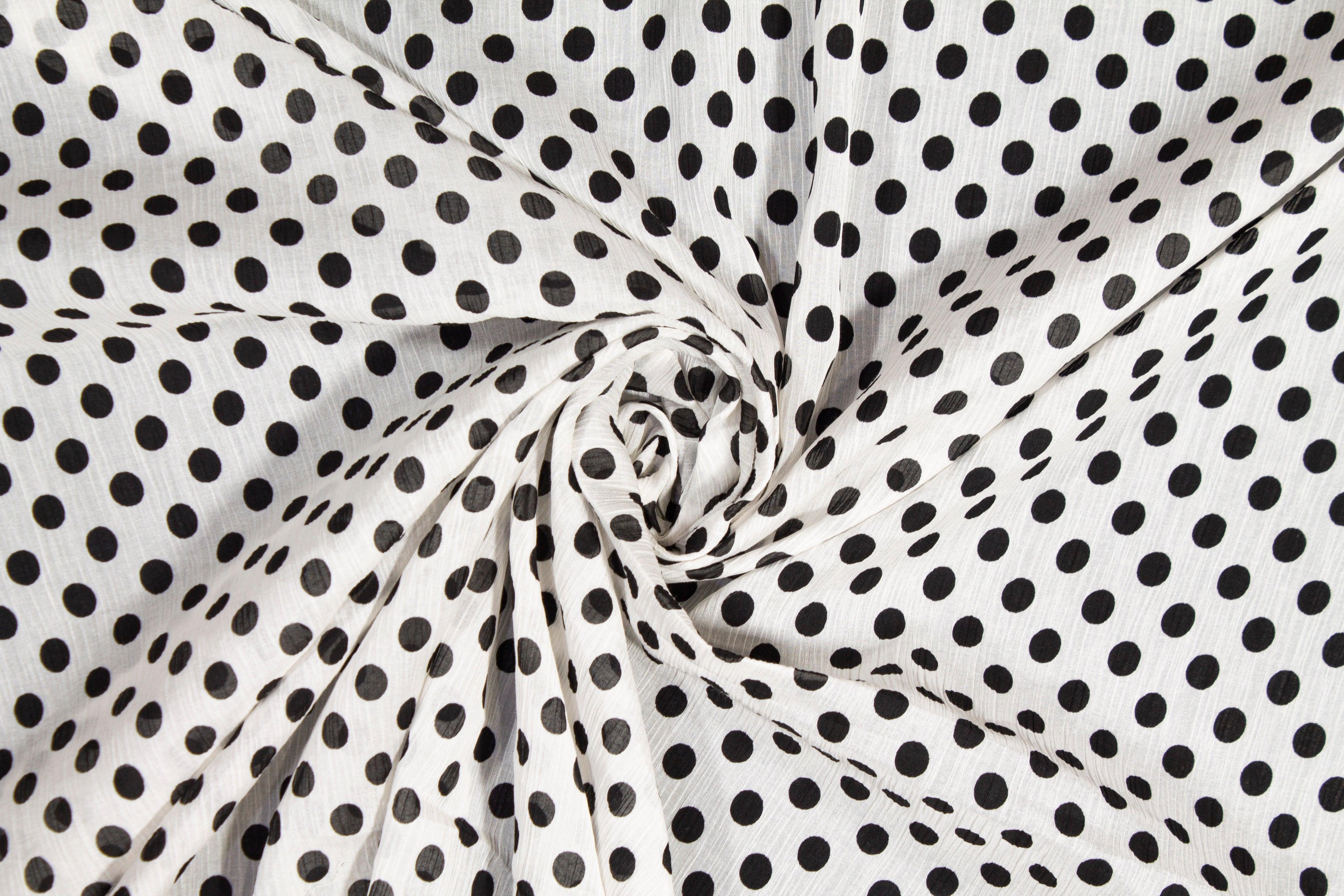 Polka Dot Crinkled Viscose Silk Chiffon - Black and White - Prime Fabrics