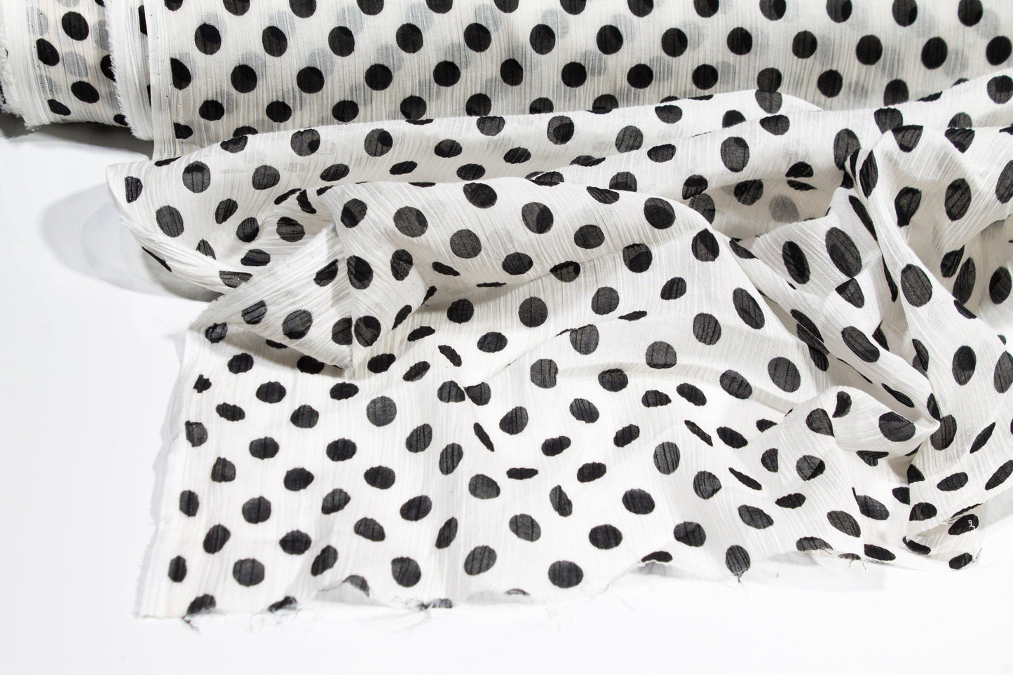 Polka Dot Crinkled Viscose Silk Chiffon - Black and White - Prime Fabrics