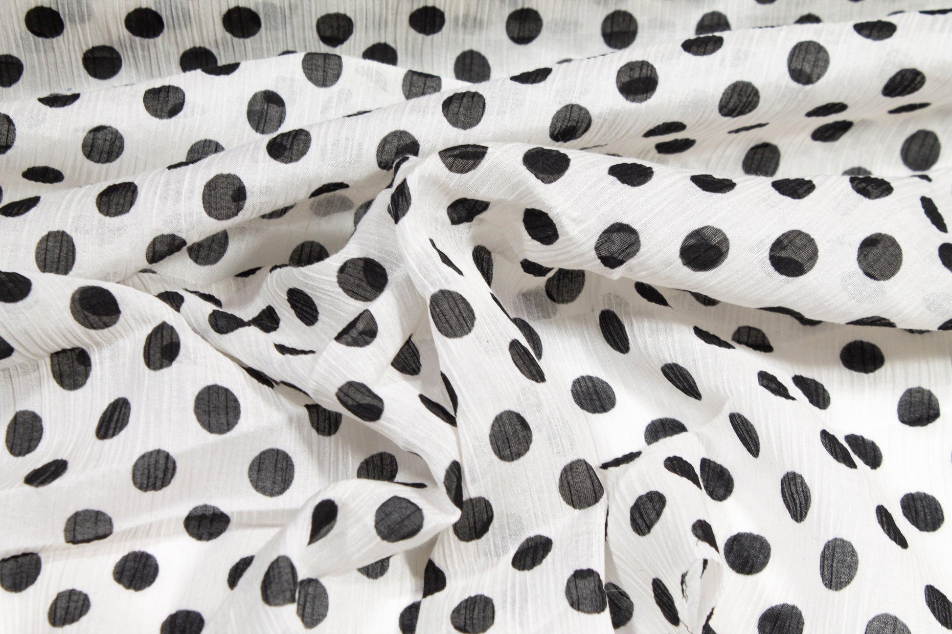 Polka Dot Crinkled Viscose Silk Chiffon - Black and White - Prime Fabrics