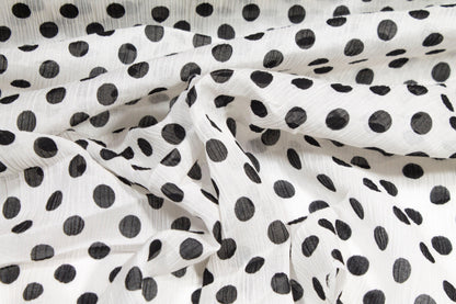 Polka Dot Crinkled Viscose Silk Chiffon - Black and White - Prime Fabrics