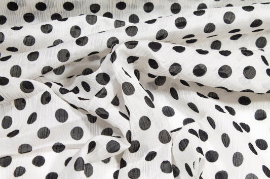 Polka Dot Crinkled Viscose Silk Chiffon - Black and White - Prime Fabrics