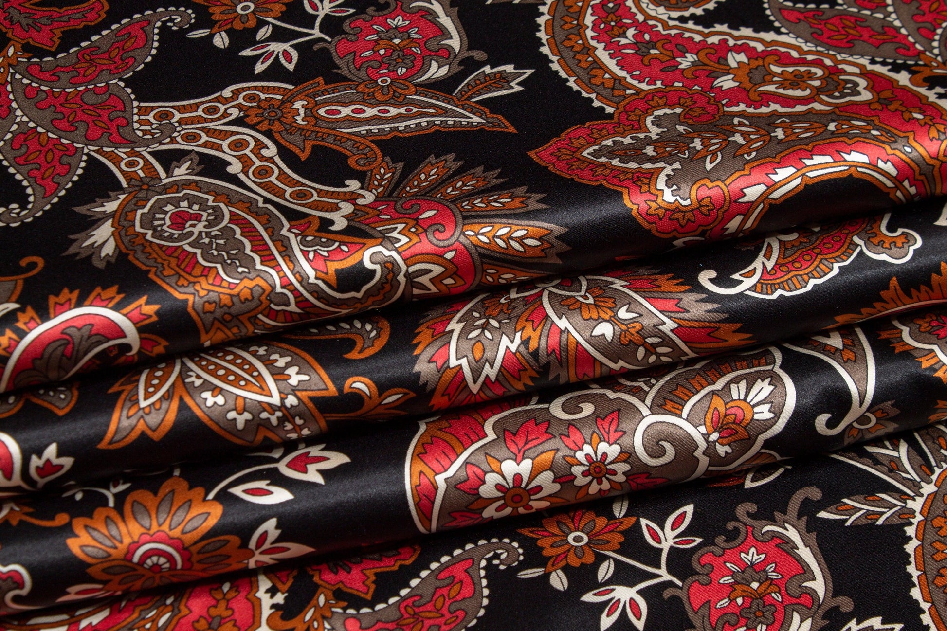 Paisley Floral Silk Charmeuse - Copper, Red, Black, White - Prime Fabrics