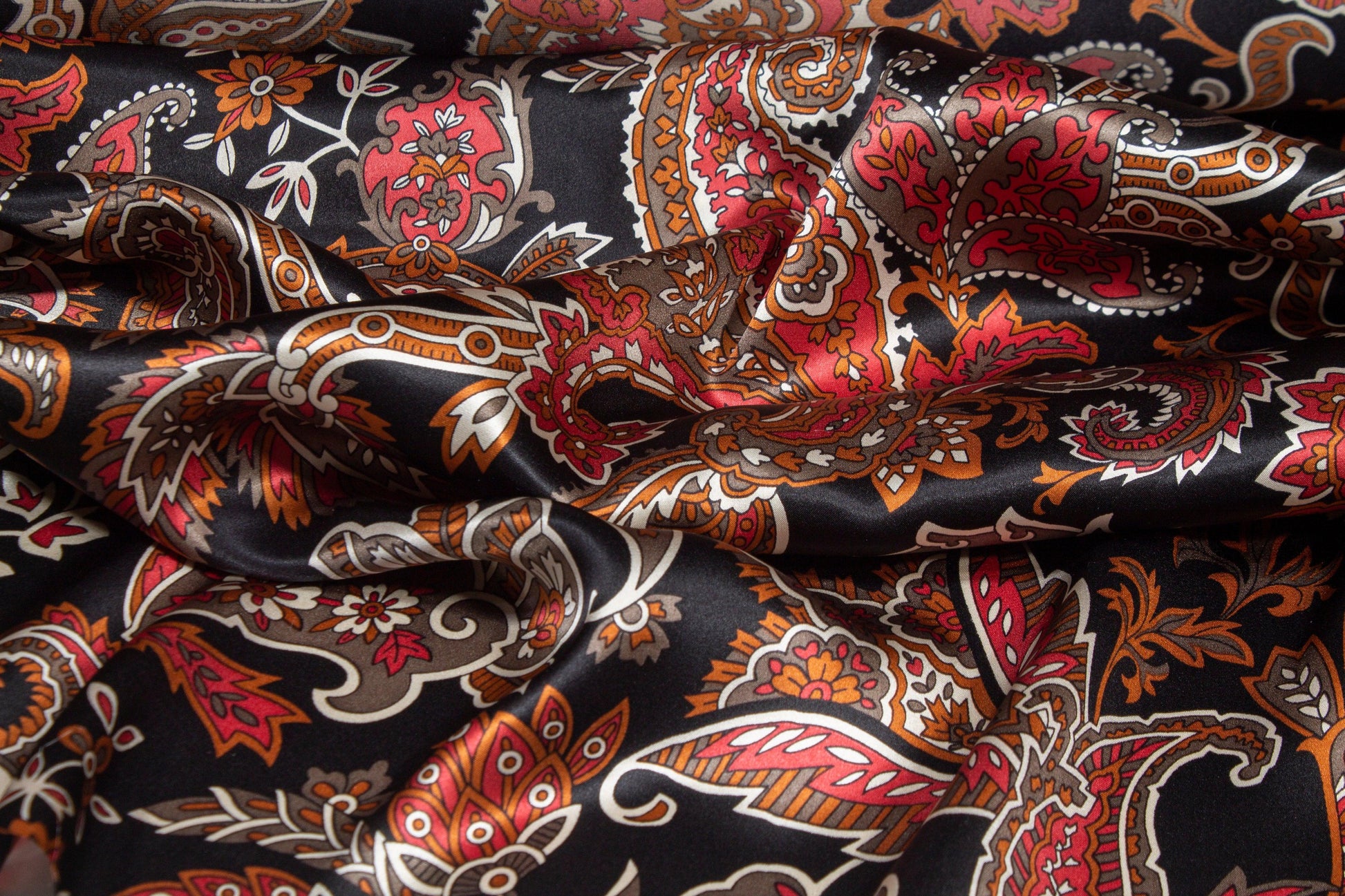 Paisley Floral Silk Charmeuse - Copper, Red, Black, White - Prime Fabrics