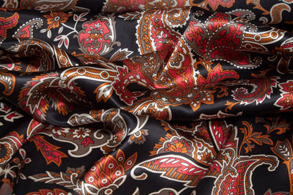 Paisley Floral Silk Charmeuse - Copper, Red, Black, White - Prime Fabrics