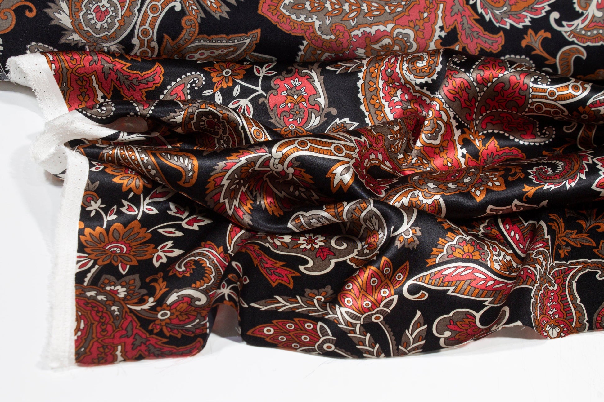 Paisley Floral Silk Charmeuse - Copper, Red, Black, White - Prime Fabrics