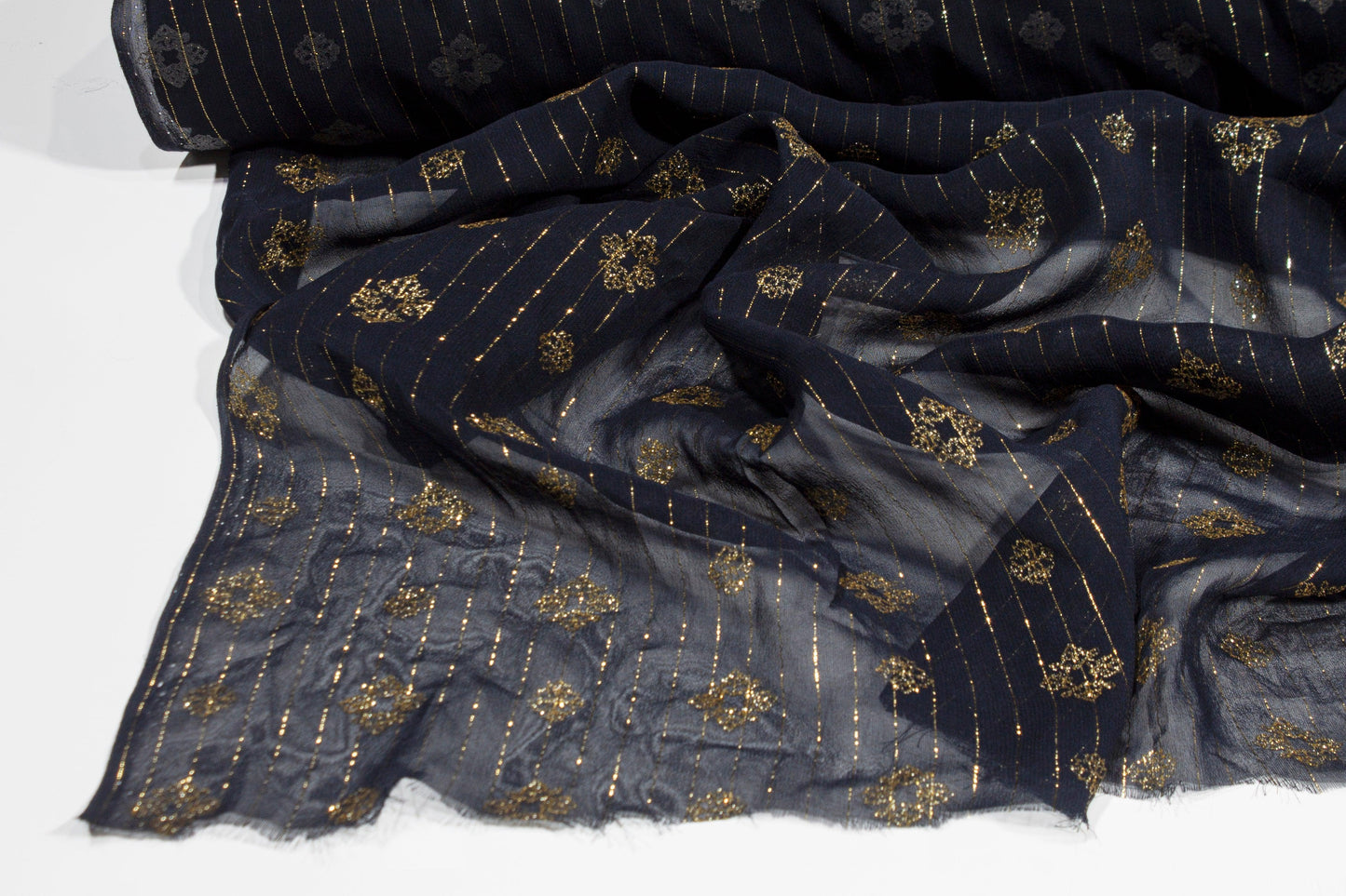 Striped Metallic Silk Chiffon - Navy and Gold - Prime Fabrics