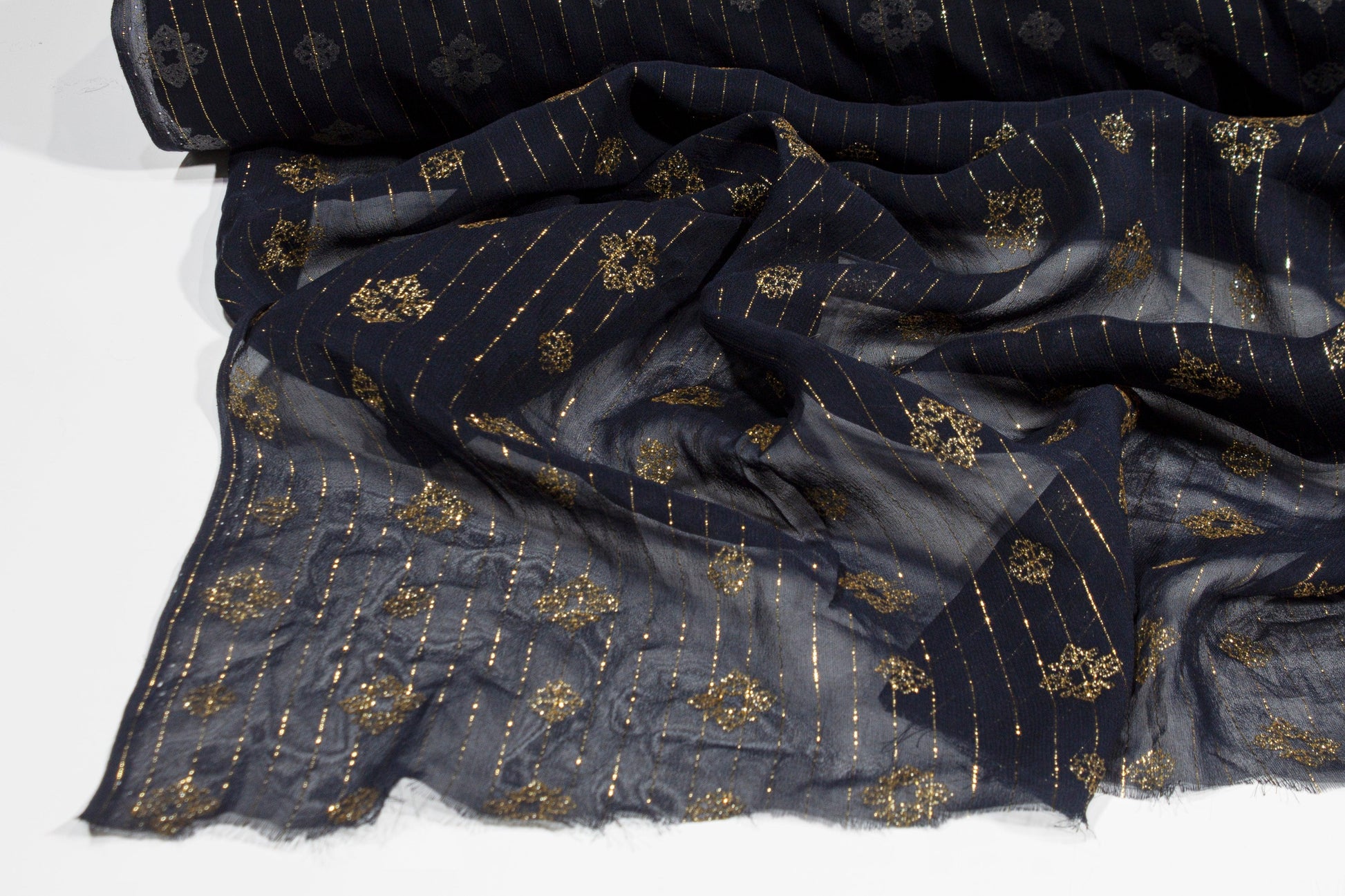 Striped Metallic Silk Chiffon - Navy and Gold - Prime Fabrics