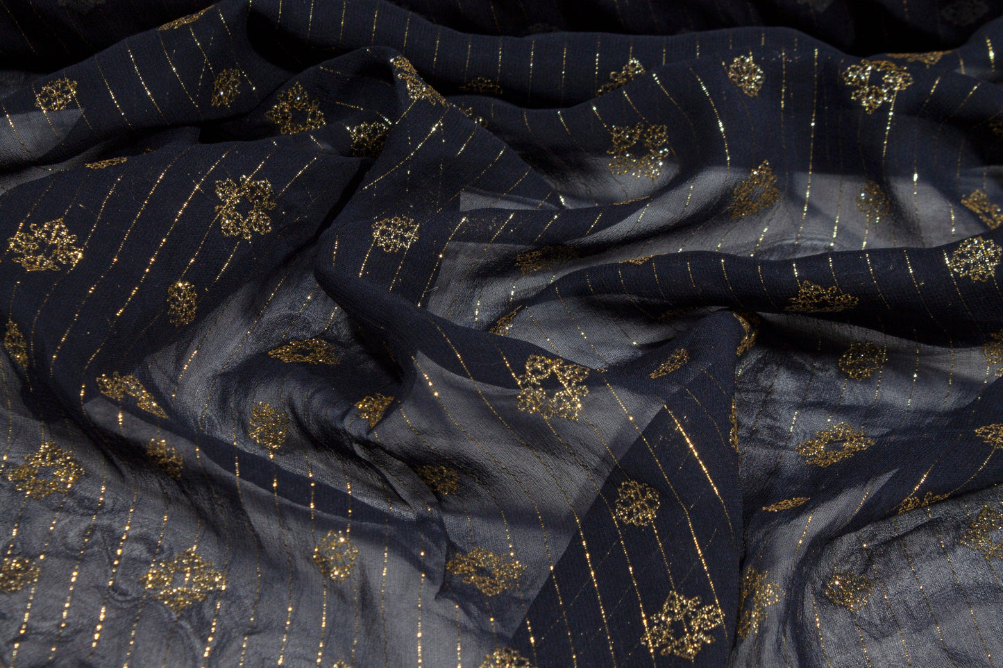 Striped Metallic Silk Chiffon - Navy and Gold - Prime Fabrics