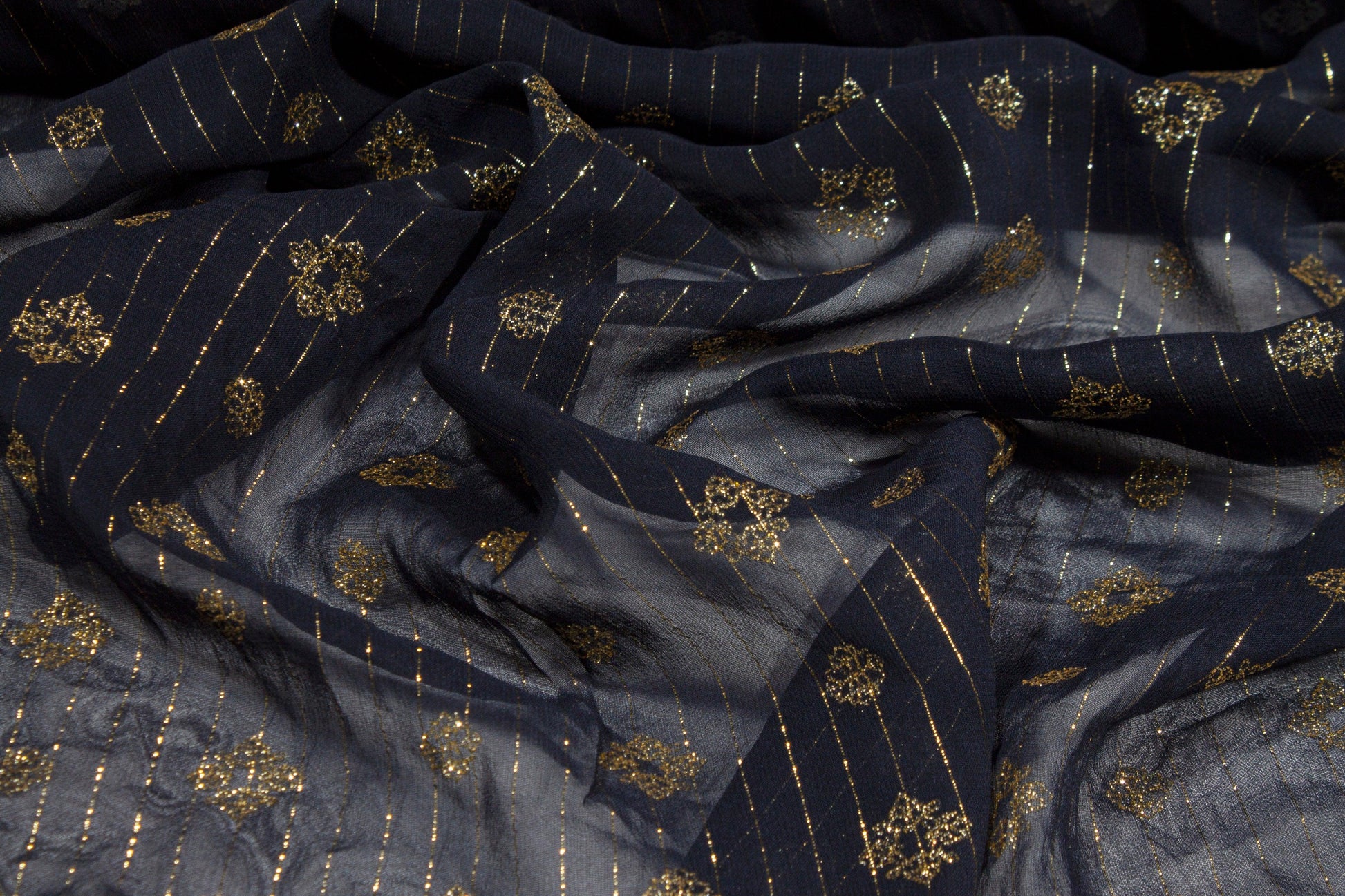 Striped Metallic Silk Chiffon - Navy and Gold - Prime Fabrics