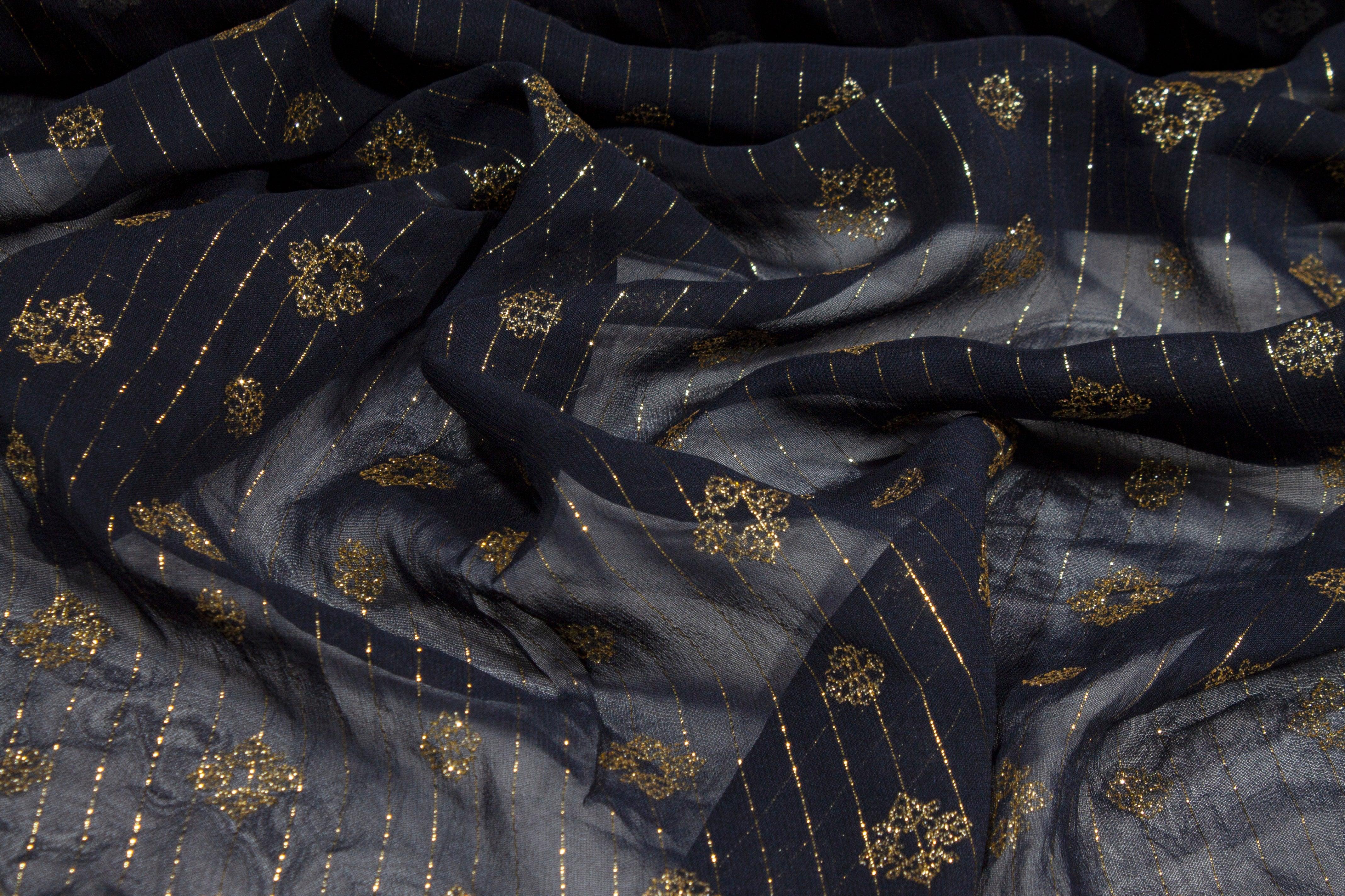Striped Metallic Silk Chiffon - Navy and Gold - Prime Fabrics
