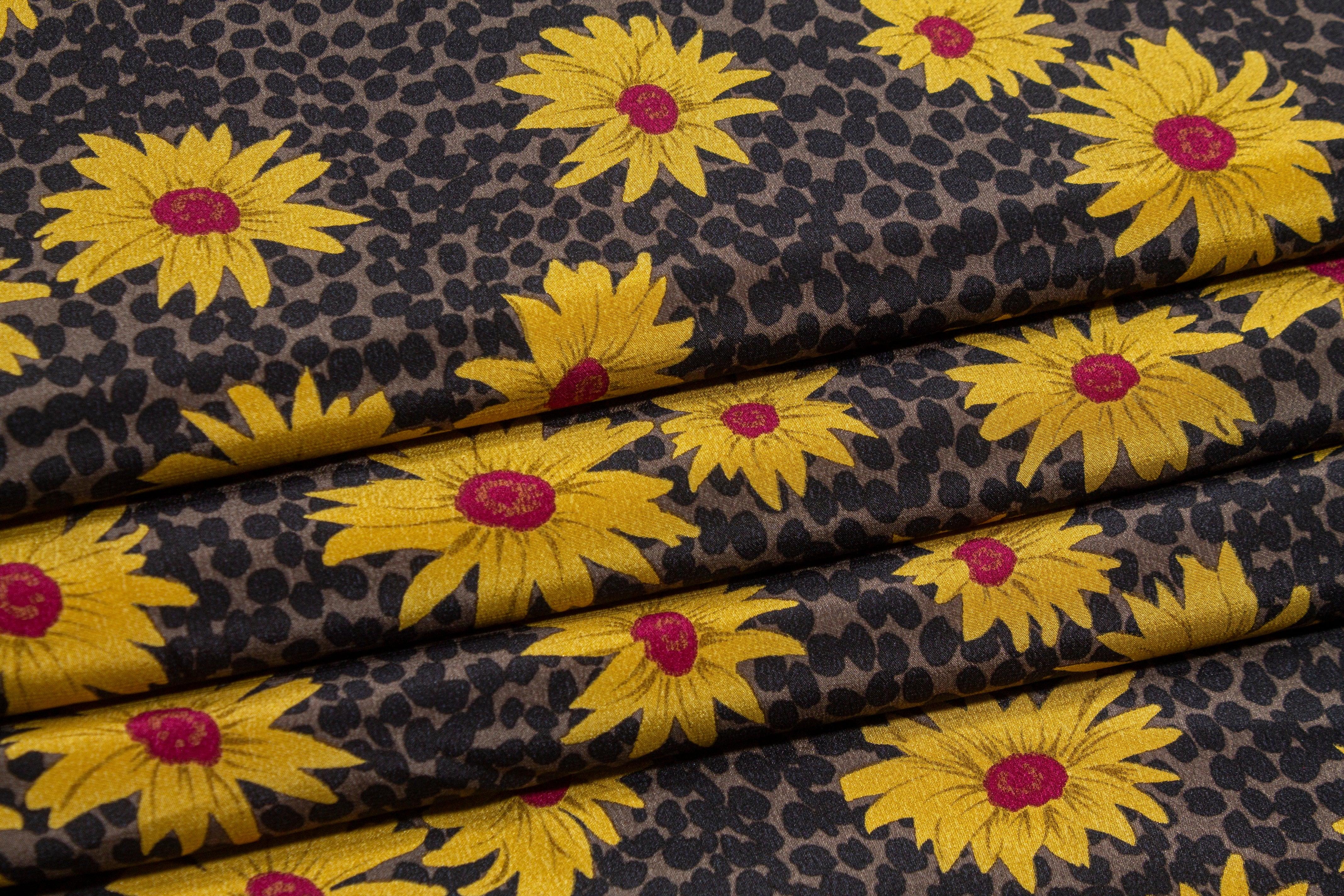 Floral Silk Crepe De Chine - Yellow, Maroon, Black, Gray - Prime Fabrics
