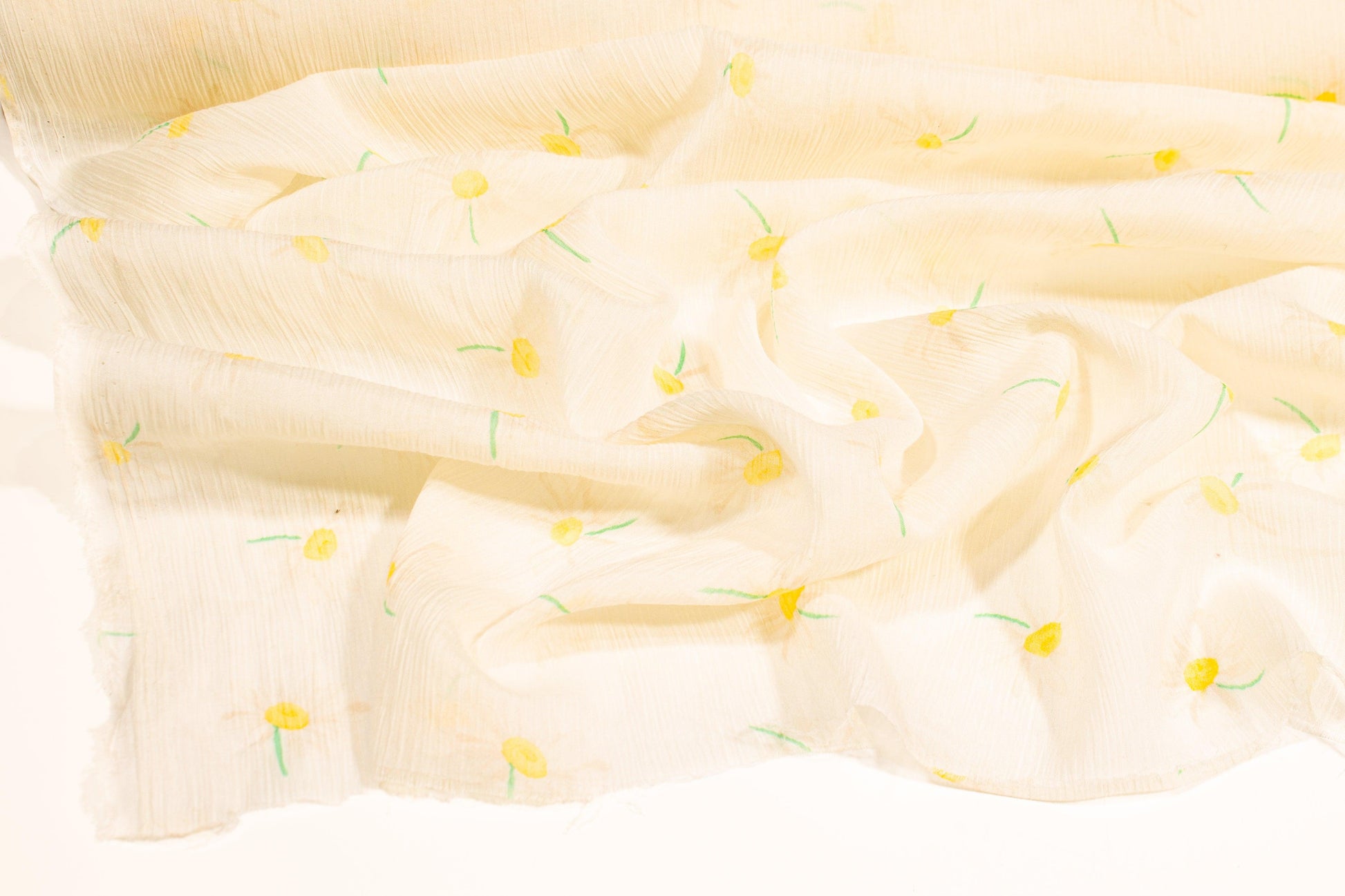 Crinkled Floral Silk Chiffon - Ivory, Yellow, Green - Prime Fabrics