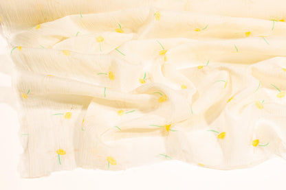 Crinkled Floral Silk Chiffon - Ivory, Yellow, Green - Prime Fabrics