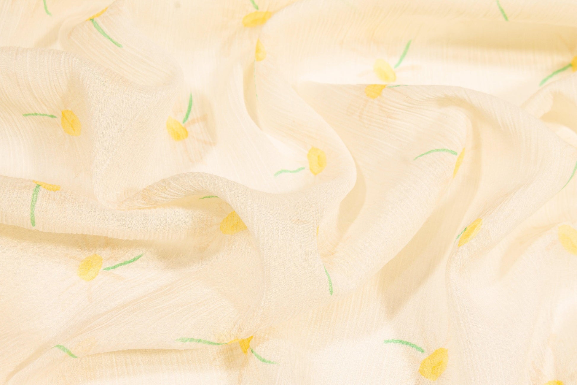 Crinkled Floral Silk Chiffon - Ivory, Yellow, Green - Prime Fabrics