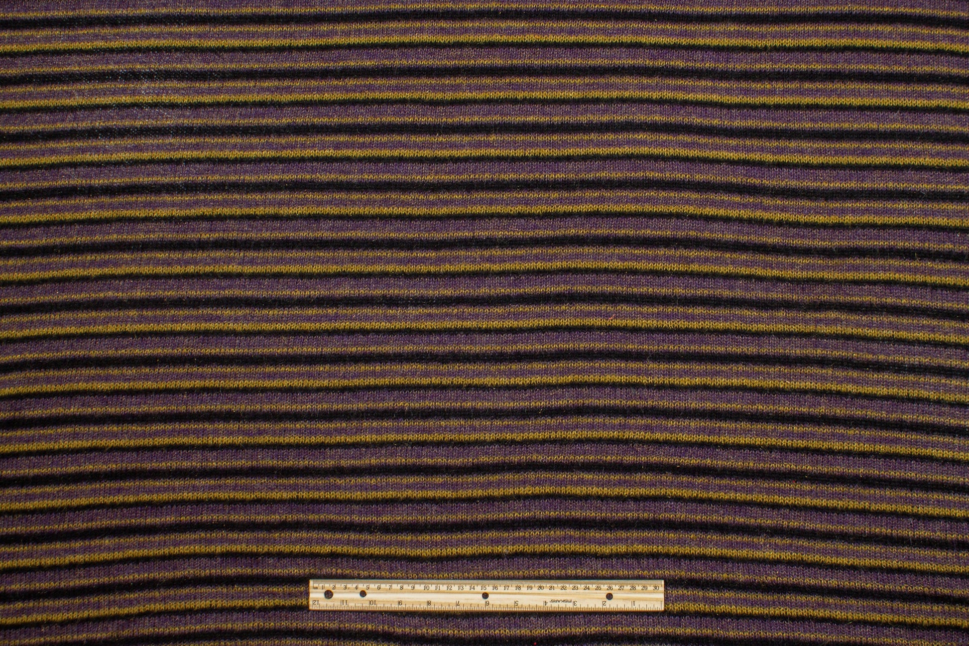 Purple, Yellow and Black Striped Poly Wool Jersey Knit - Prime Fabrics