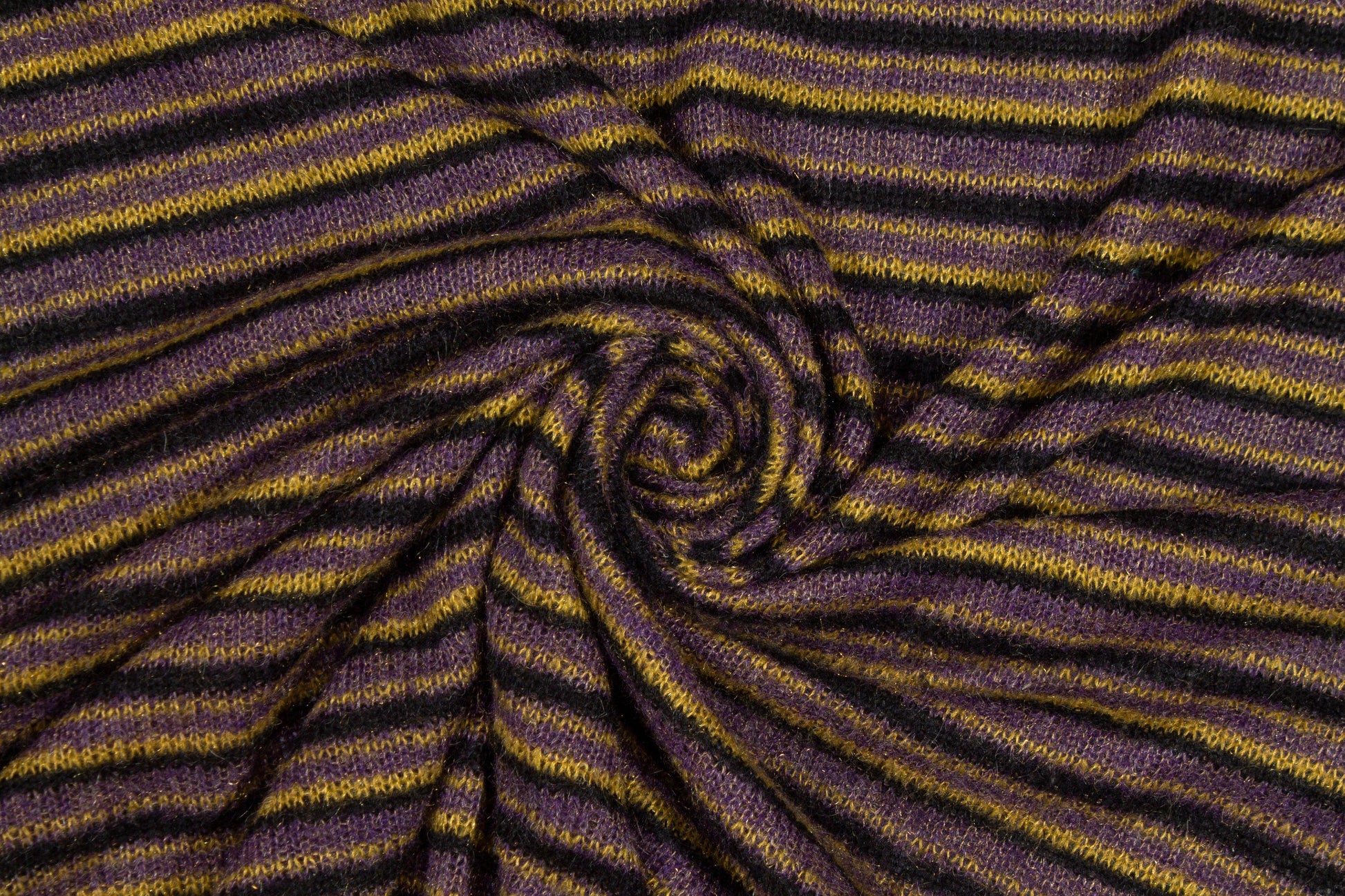 Purple, Yellow and Black Striped Poly Wool Jersey Knit - Prime Fabrics