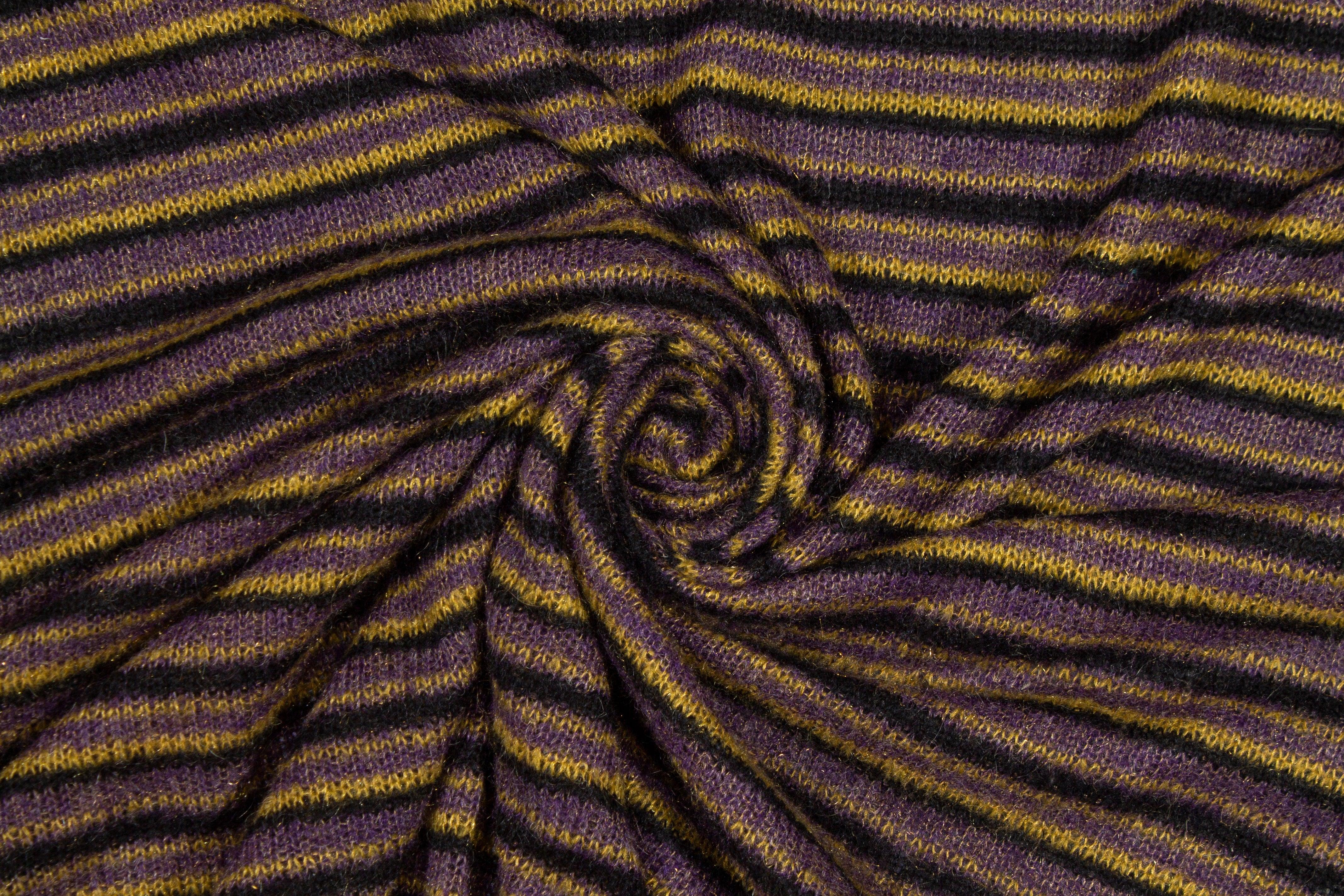 Purple, Yellow and Black Striped Poly Wool Jersey Knit - Prime Fabrics