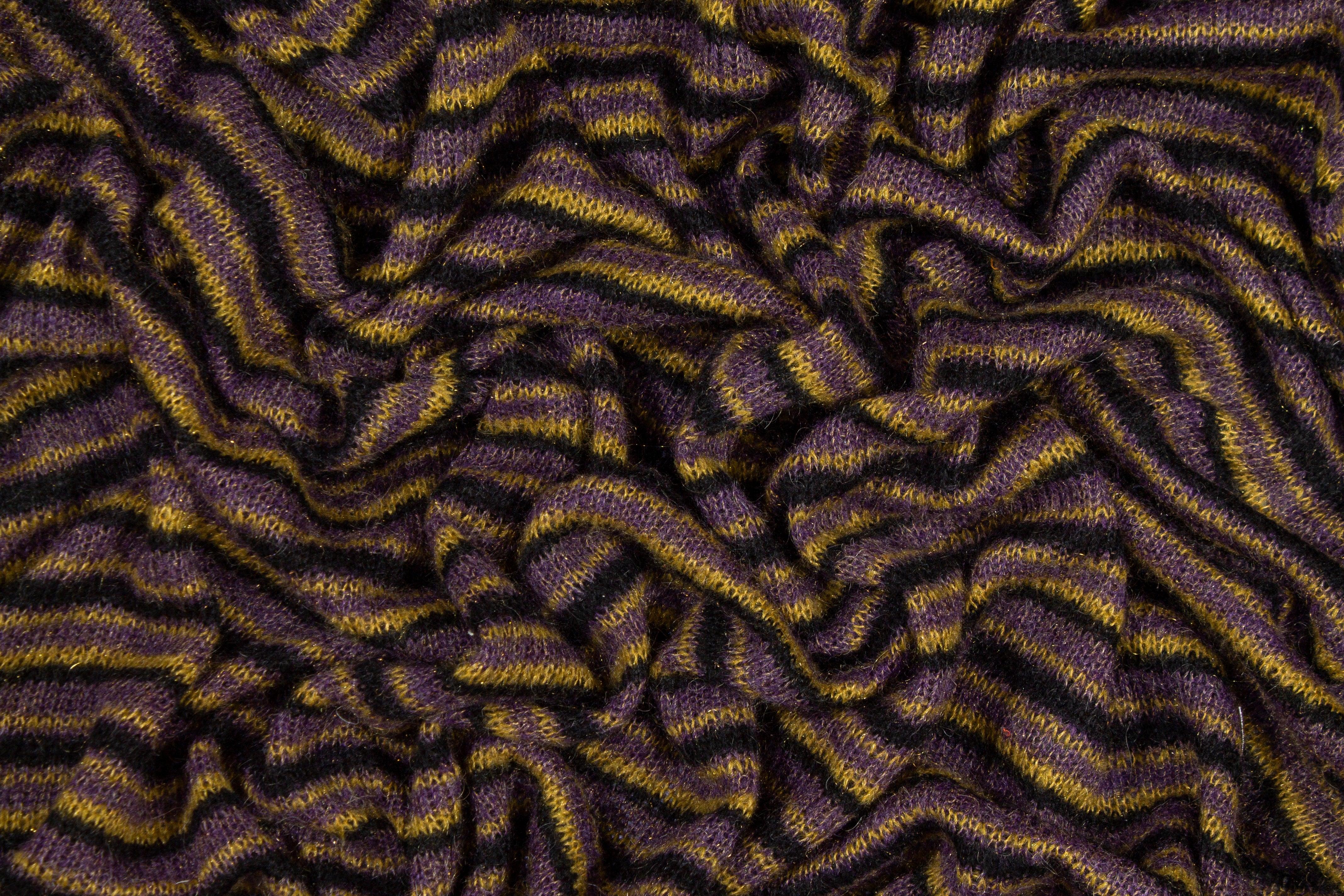 Purple, Yellow and Black Striped Poly Wool Jersey Knit - Prime Fabrics